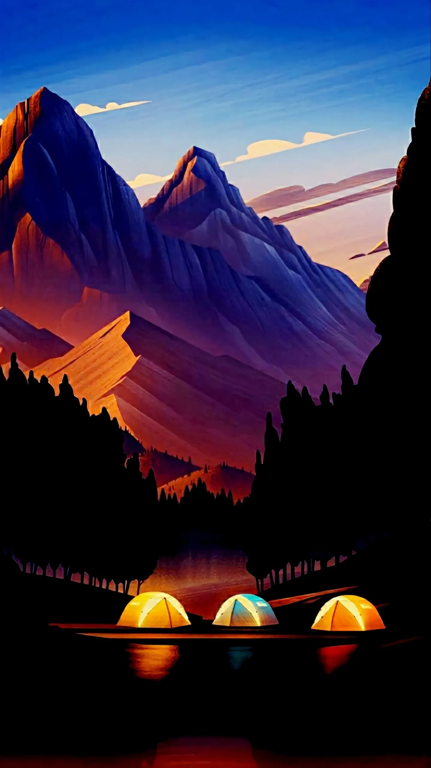 Golden Sunset Over Mountain Peaks and Tents Wallpaper