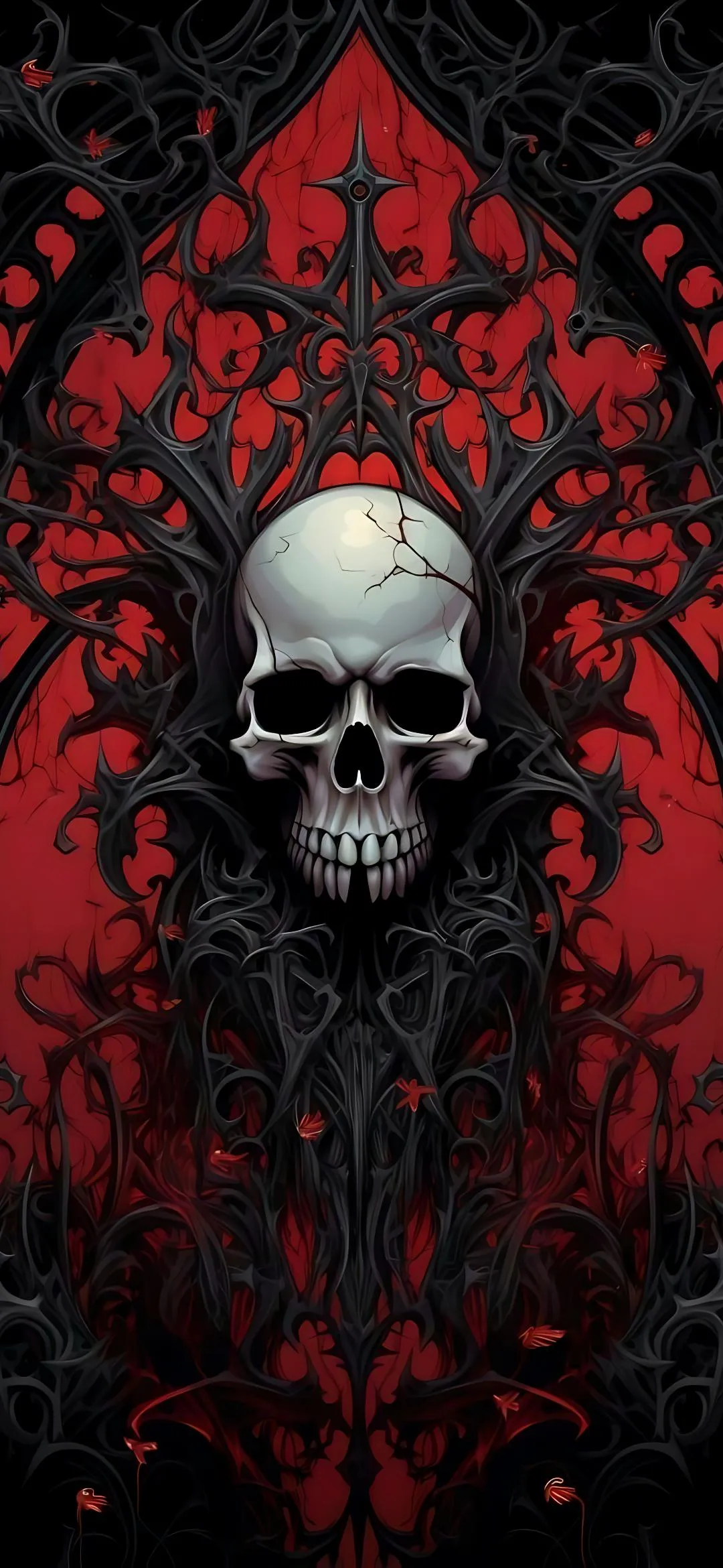 Gothic Skull on Red Background with Baroque Details
