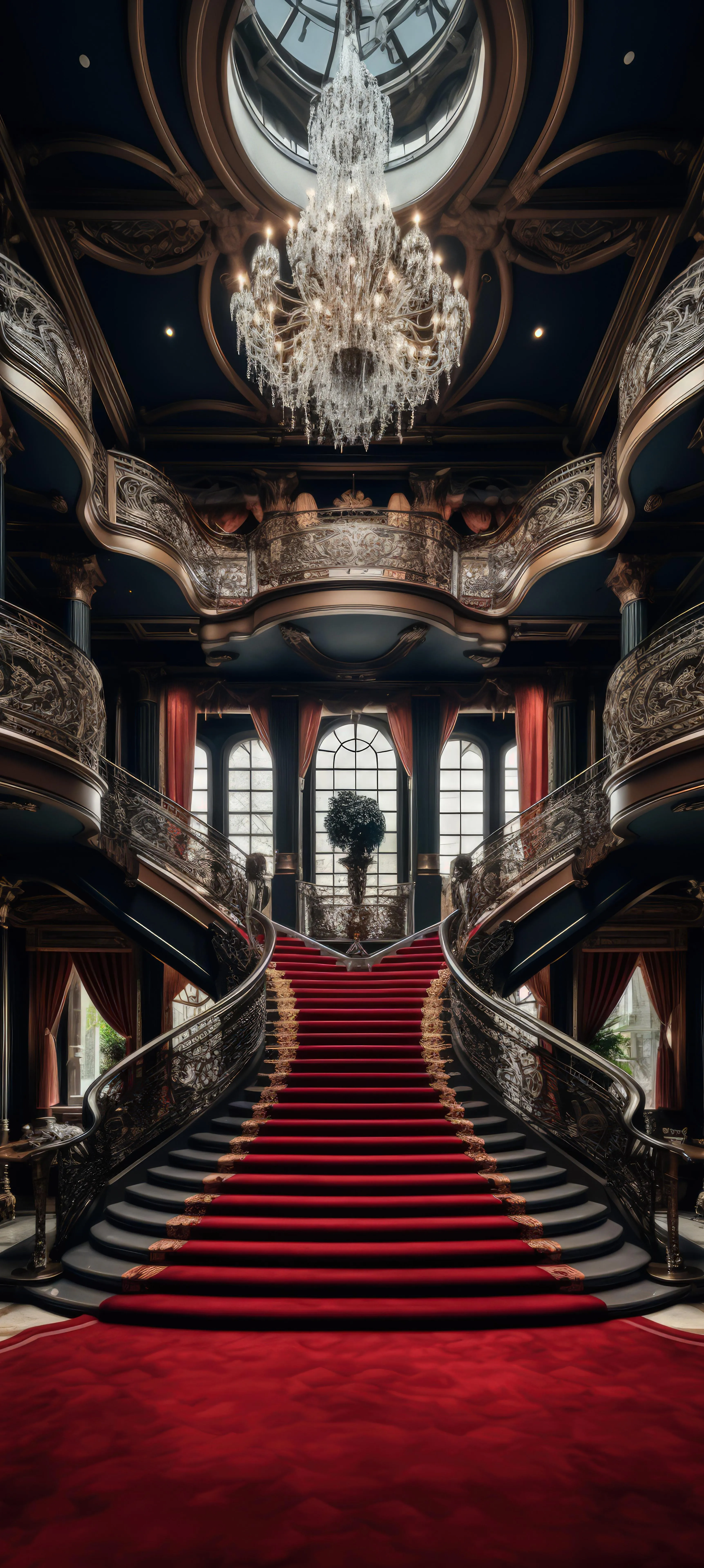 Grand Staircase Inside Historical Building with Red Carpet