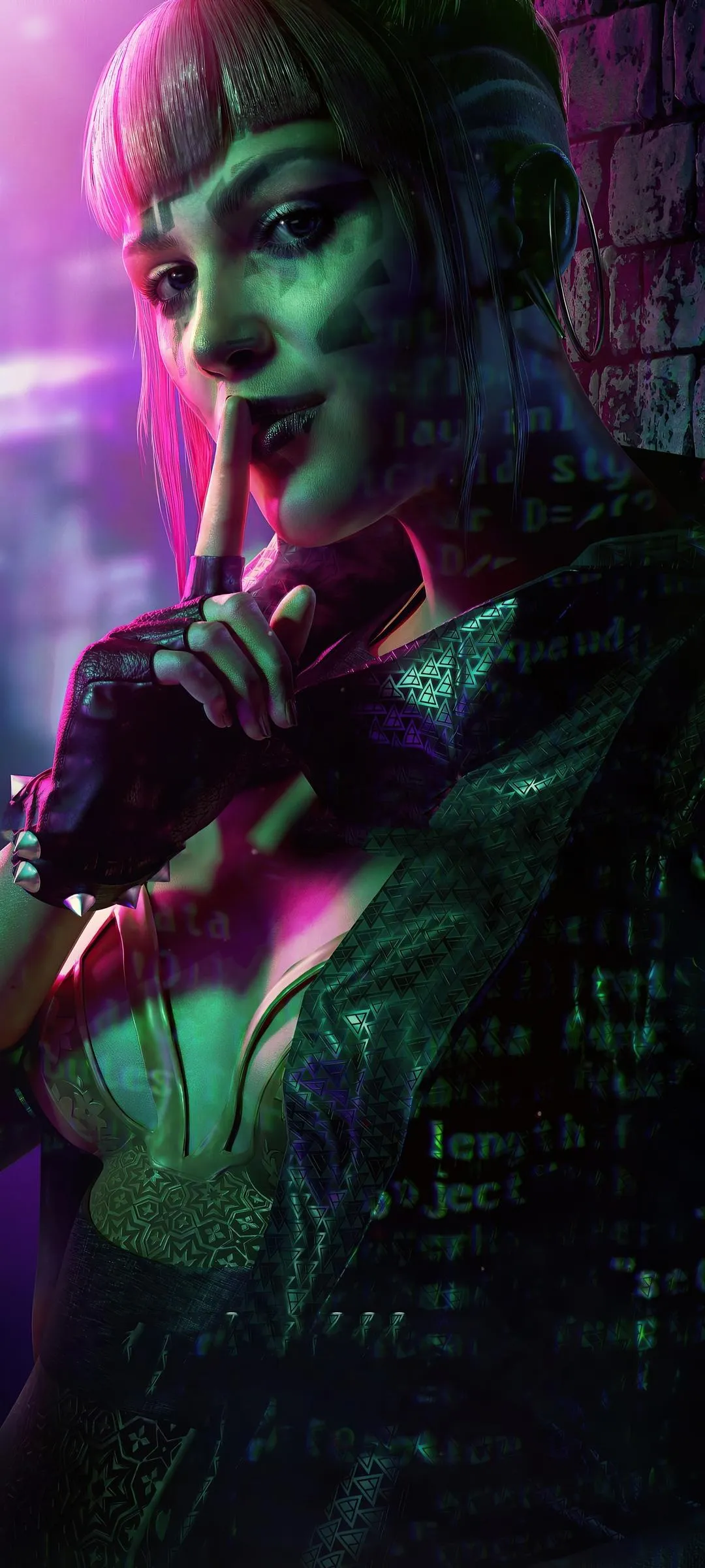 Green Haired Warrior in Dark Red Light with Intense Gaze