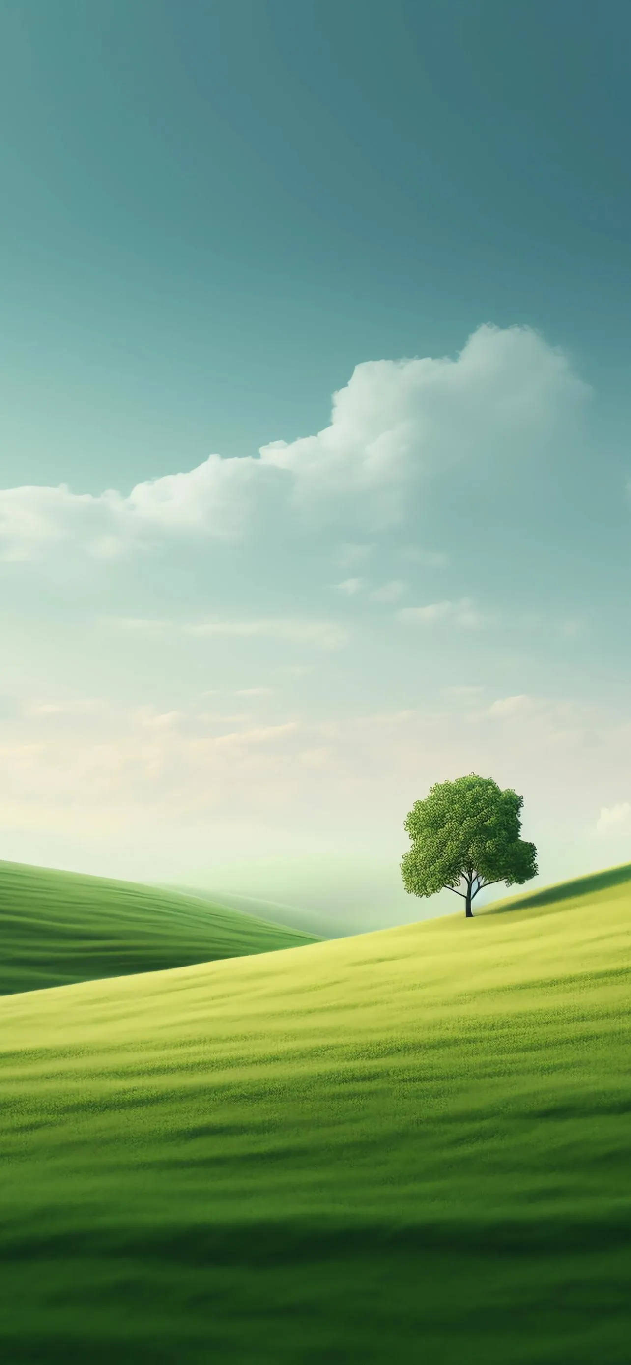 Green Hill With Lone Tree Under Blue Sky Scene Wallpaper