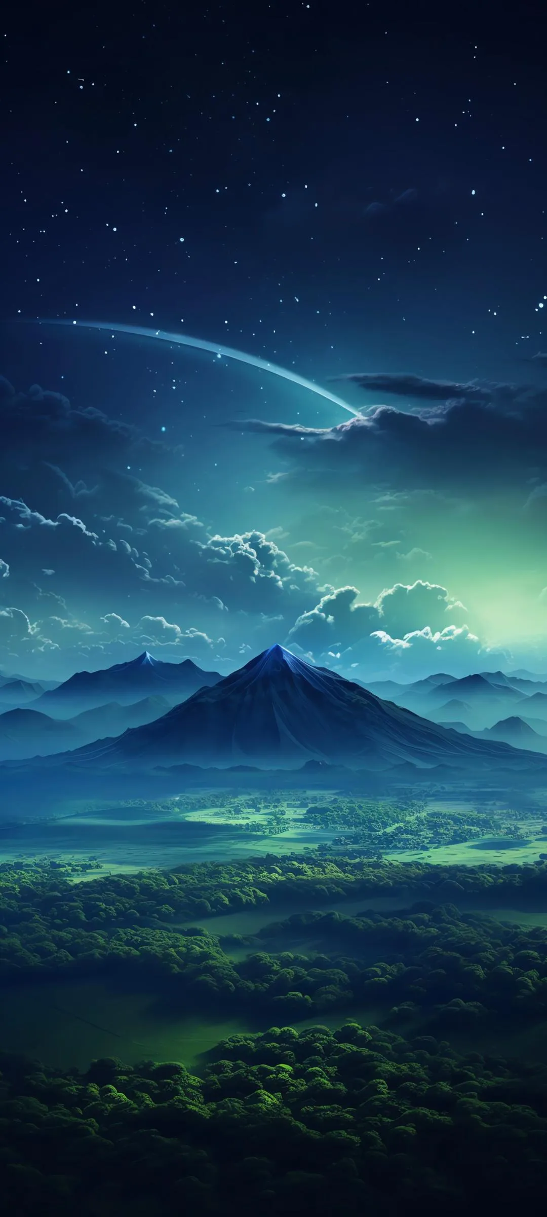 Green mountain landscape under starry sky Wallpaper