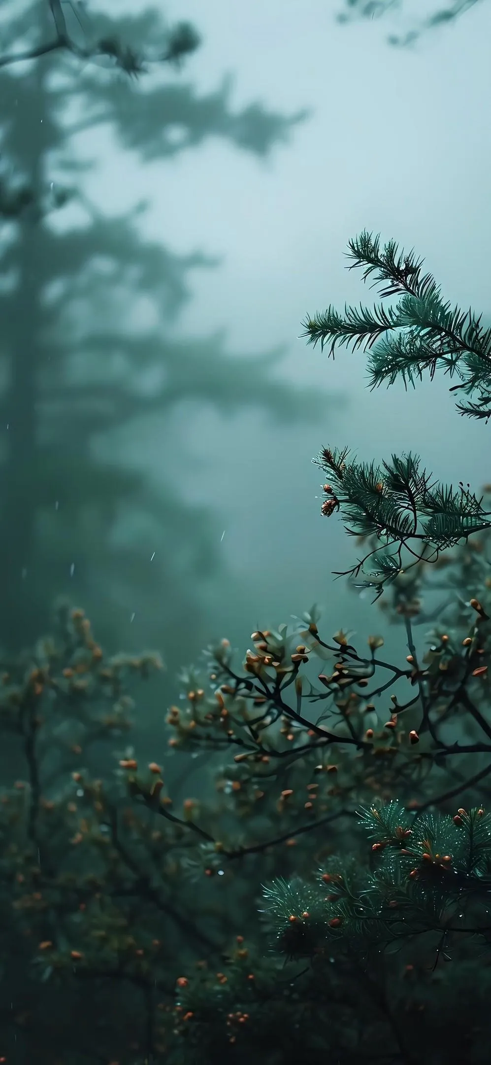 Green Pine Tree in Peaceful Morning Forest Scene Wallpaper