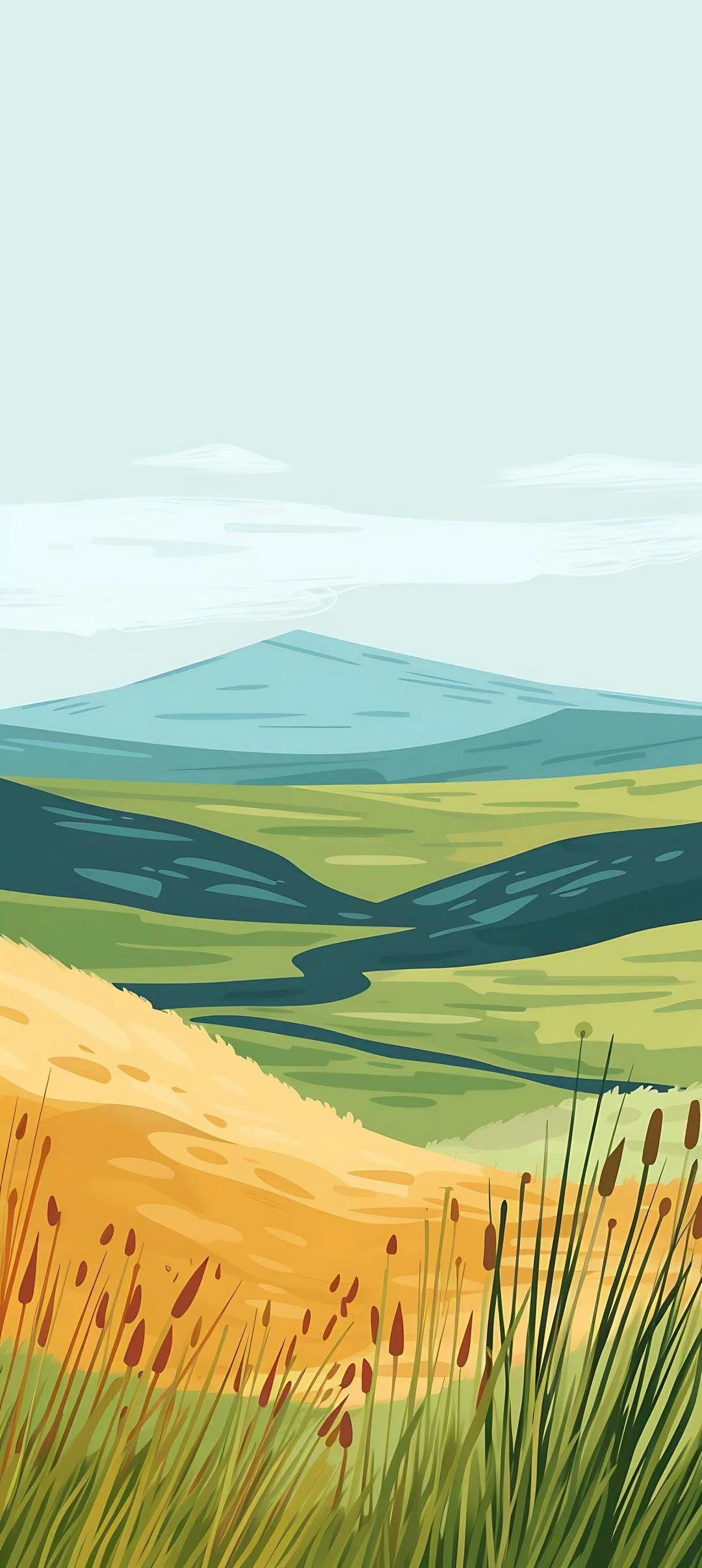 Green Rolling Hills Under Blue Sky in Digital Landscape Art