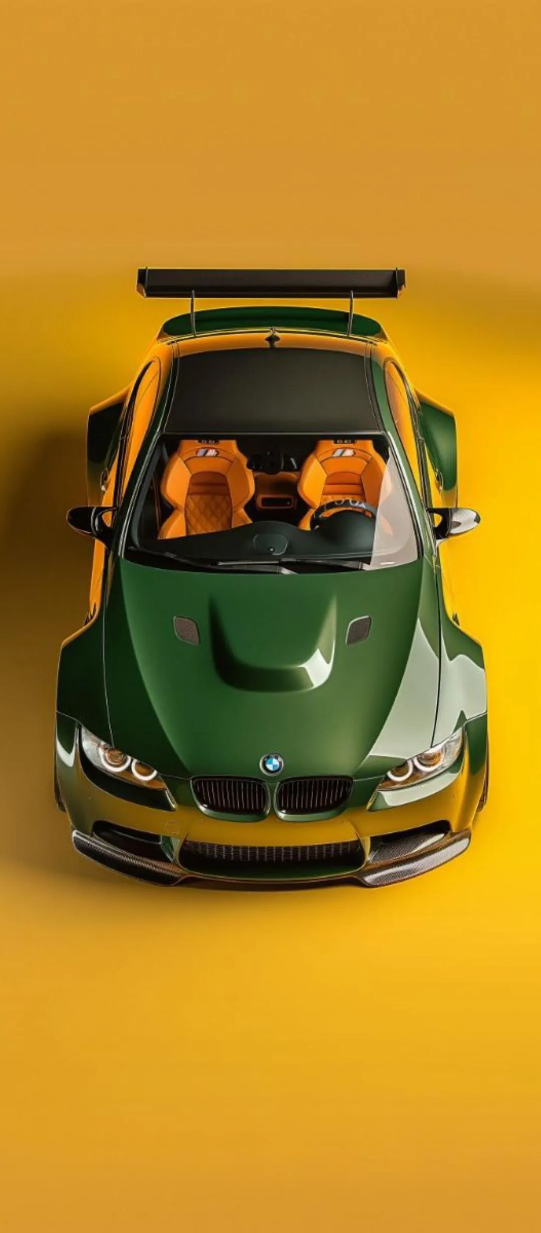 Green Sports Car Driving Fast on Yellow Background Wallpaper