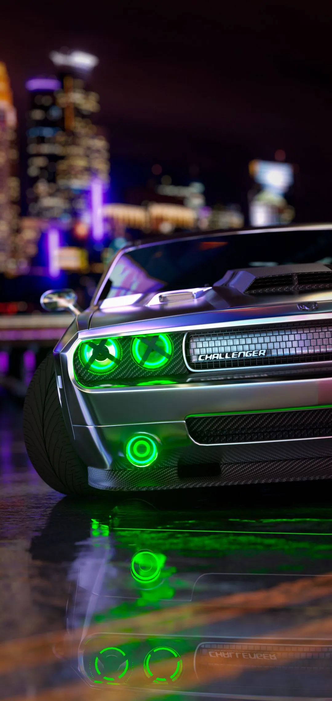 Green Sports Car in Neon City with Street Lights Reflection