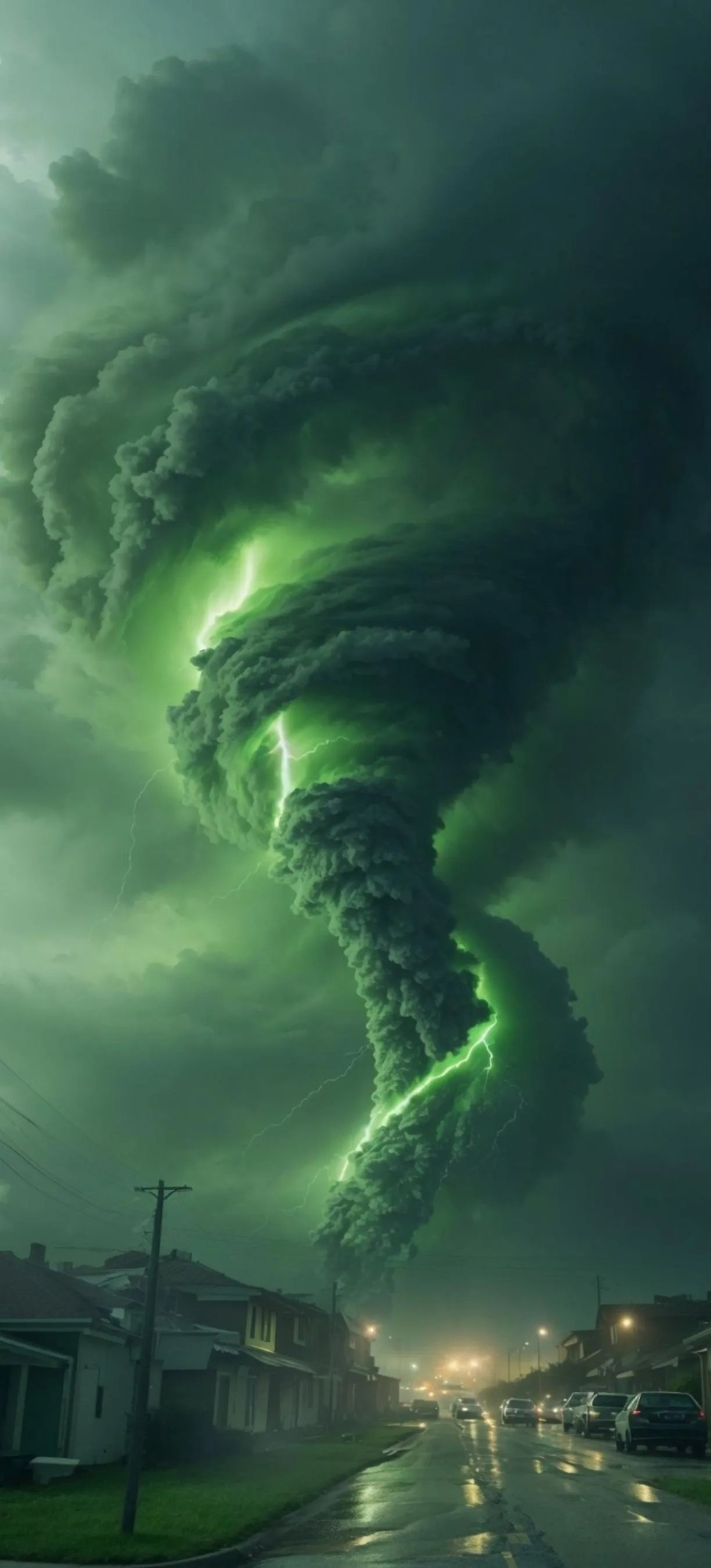 Green Tornado Forming in Stormy Dark Landscape Wallpaper