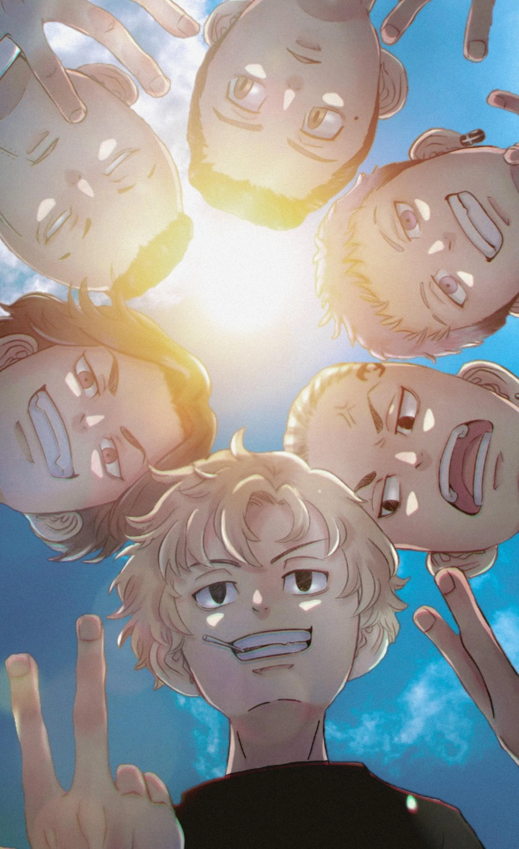 Group of Animated Friends Smiling Under Bright Summer Sunlight