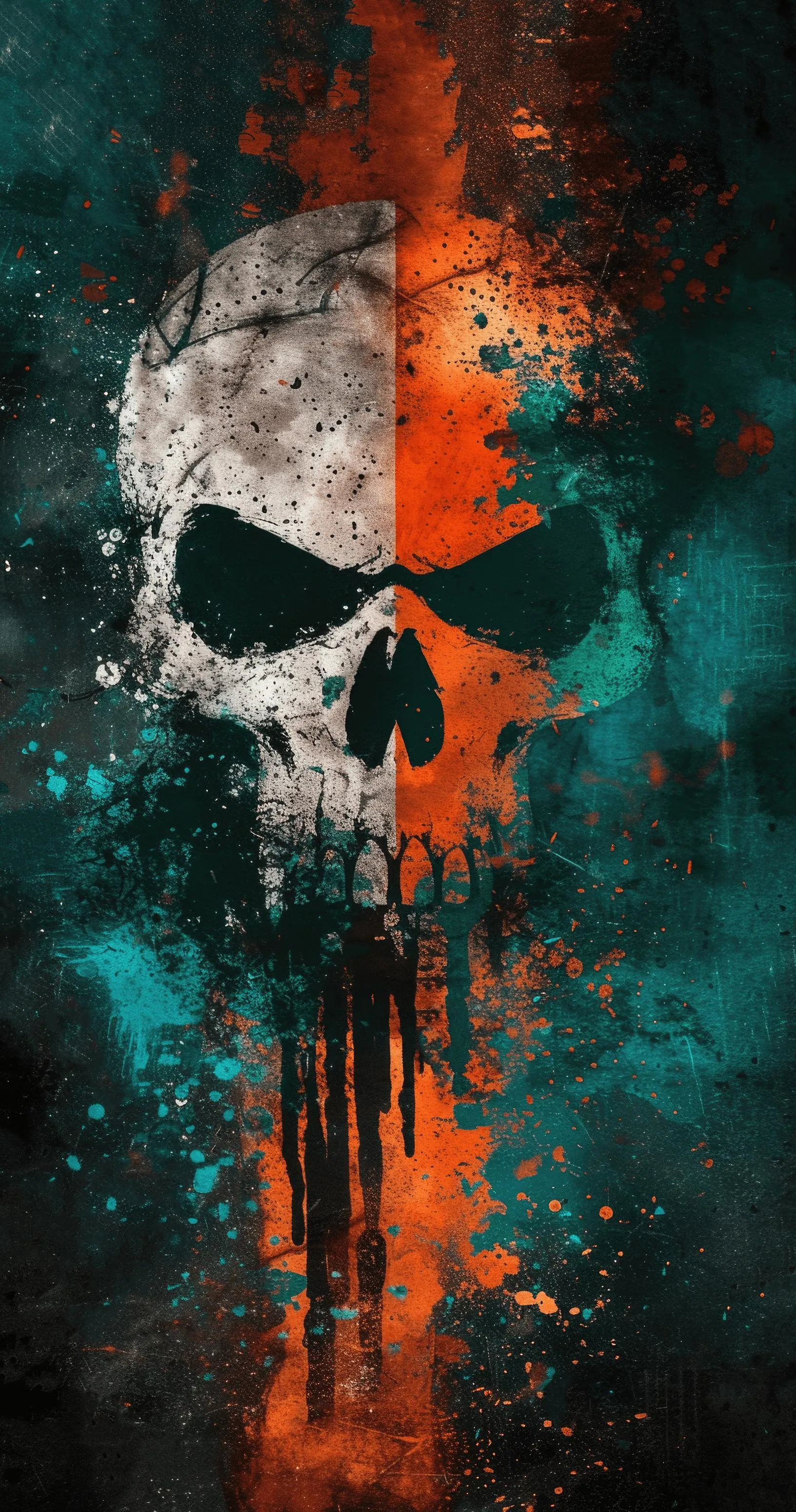 Grunge Skull Design with Split Orange and Blue Color