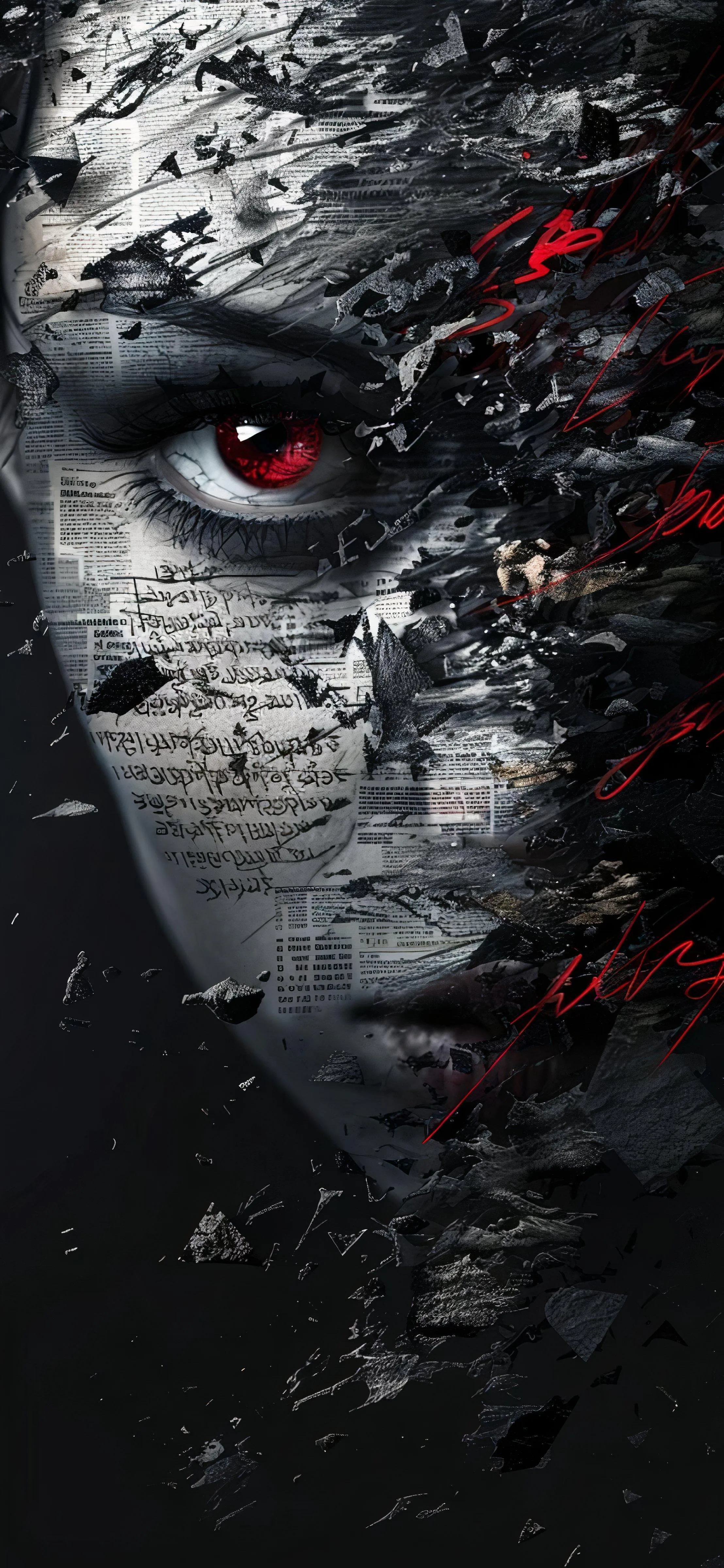 Half Face with Red Eye in Dark Abstract Artistic Texture