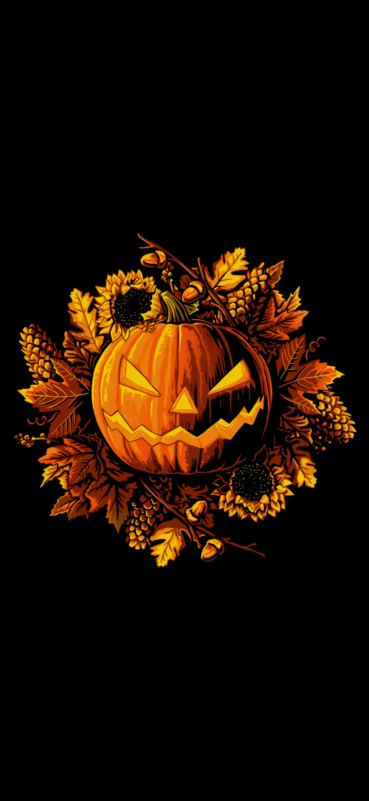 Halloween Pumpkin With Autumn Leaves On Black Background