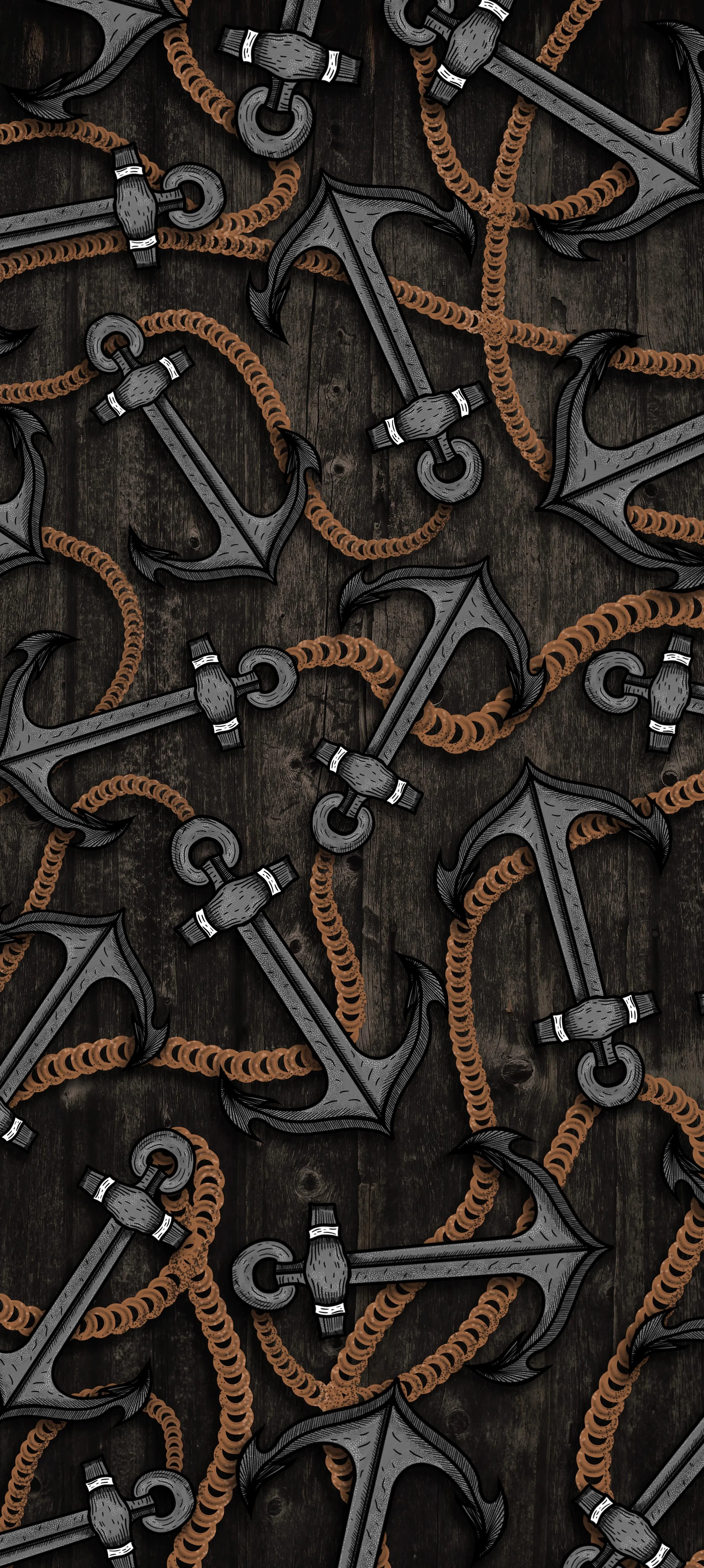 Hand Drawn Anchors with Rope on Dark Wooden Background