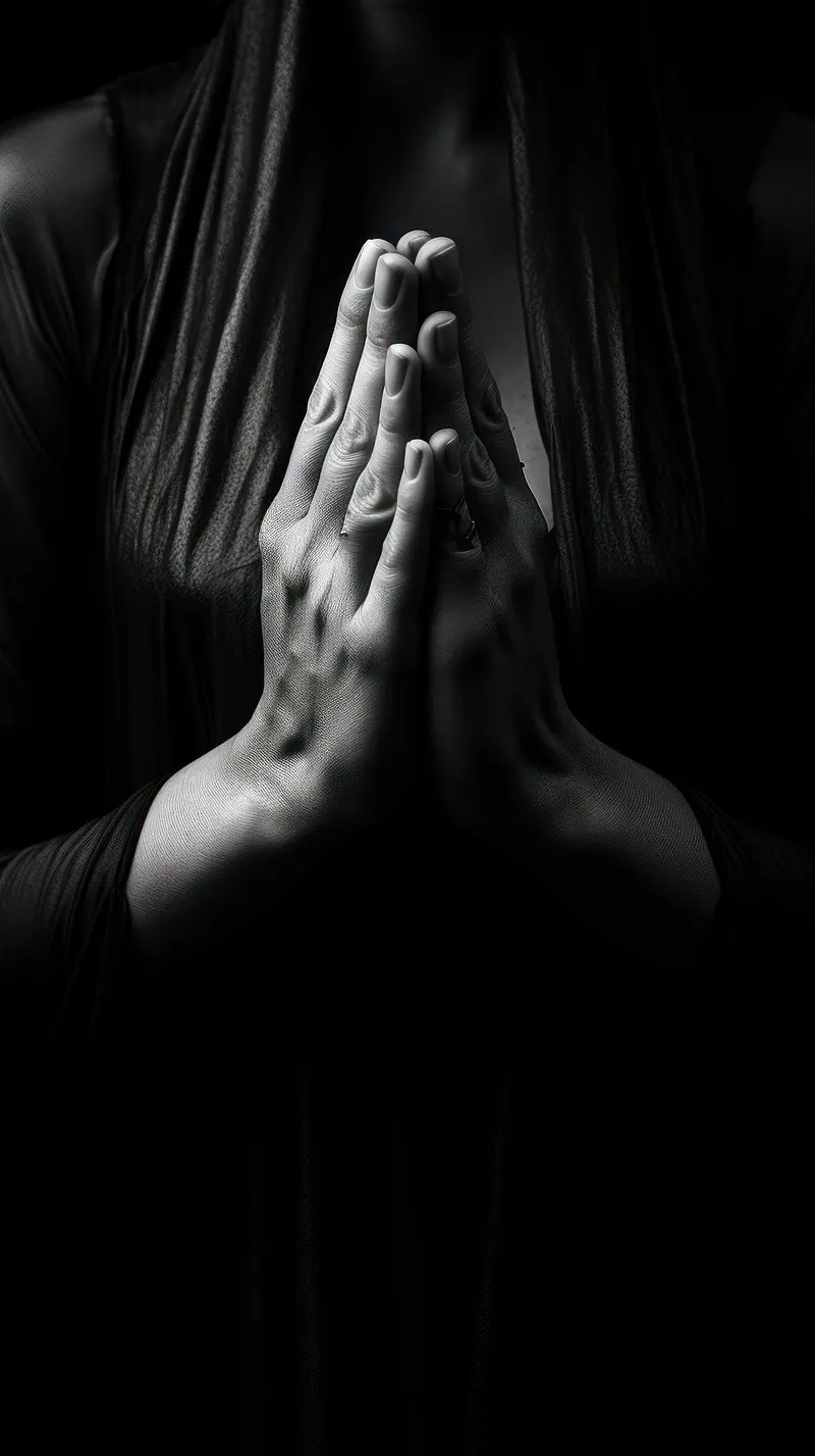 Hands in Prayer Position Framed by Dramatic Black Lighting