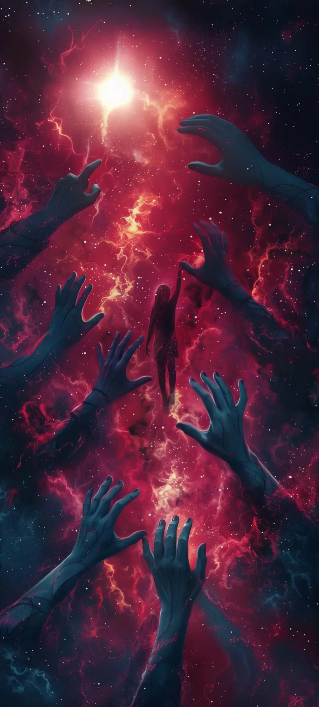 Hands Reaching Out to a Figure in a Cosmic Nebula Scene