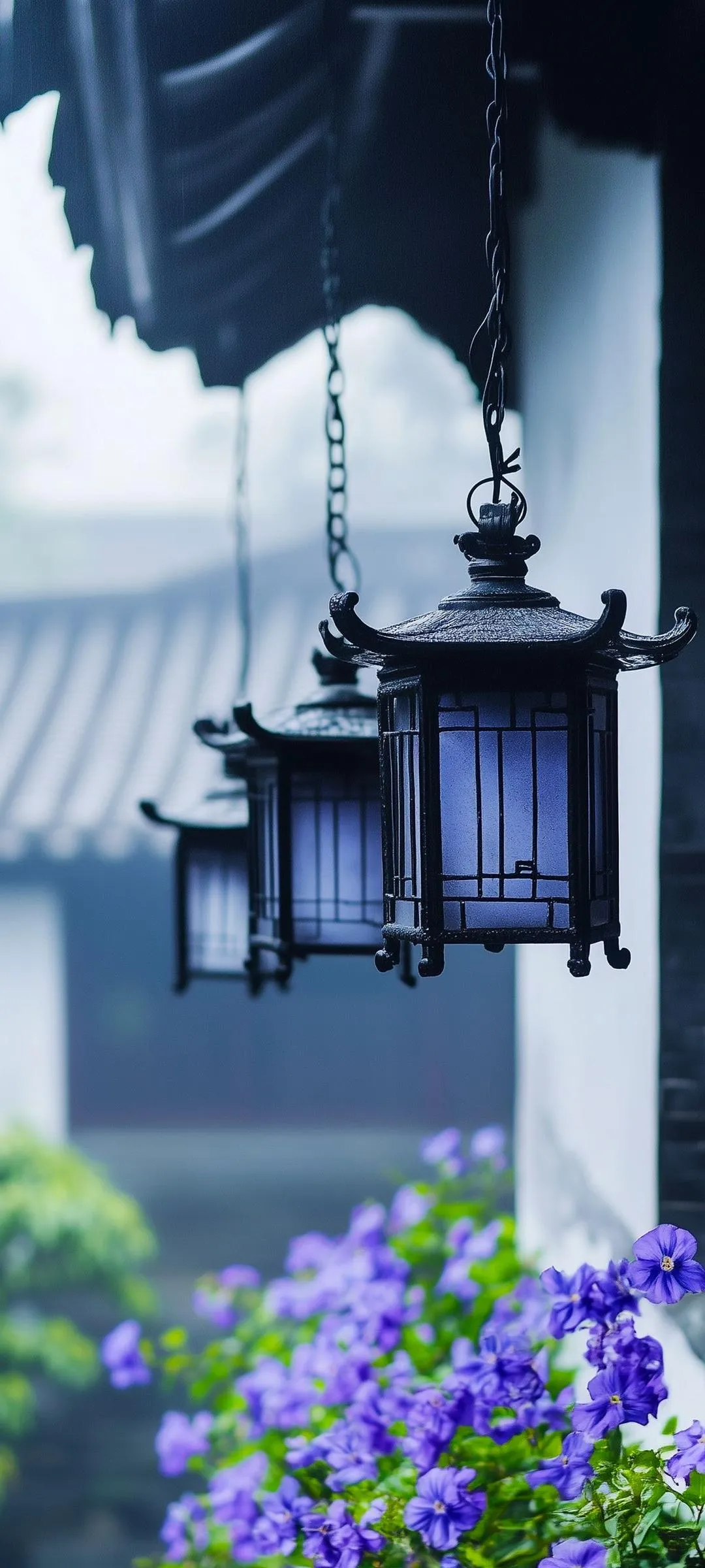 Hanging Lantern With Flowers in Japanese Style Wallpaper