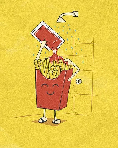 Happy Fries Taking a Ketchup Shower in a Playful Scene