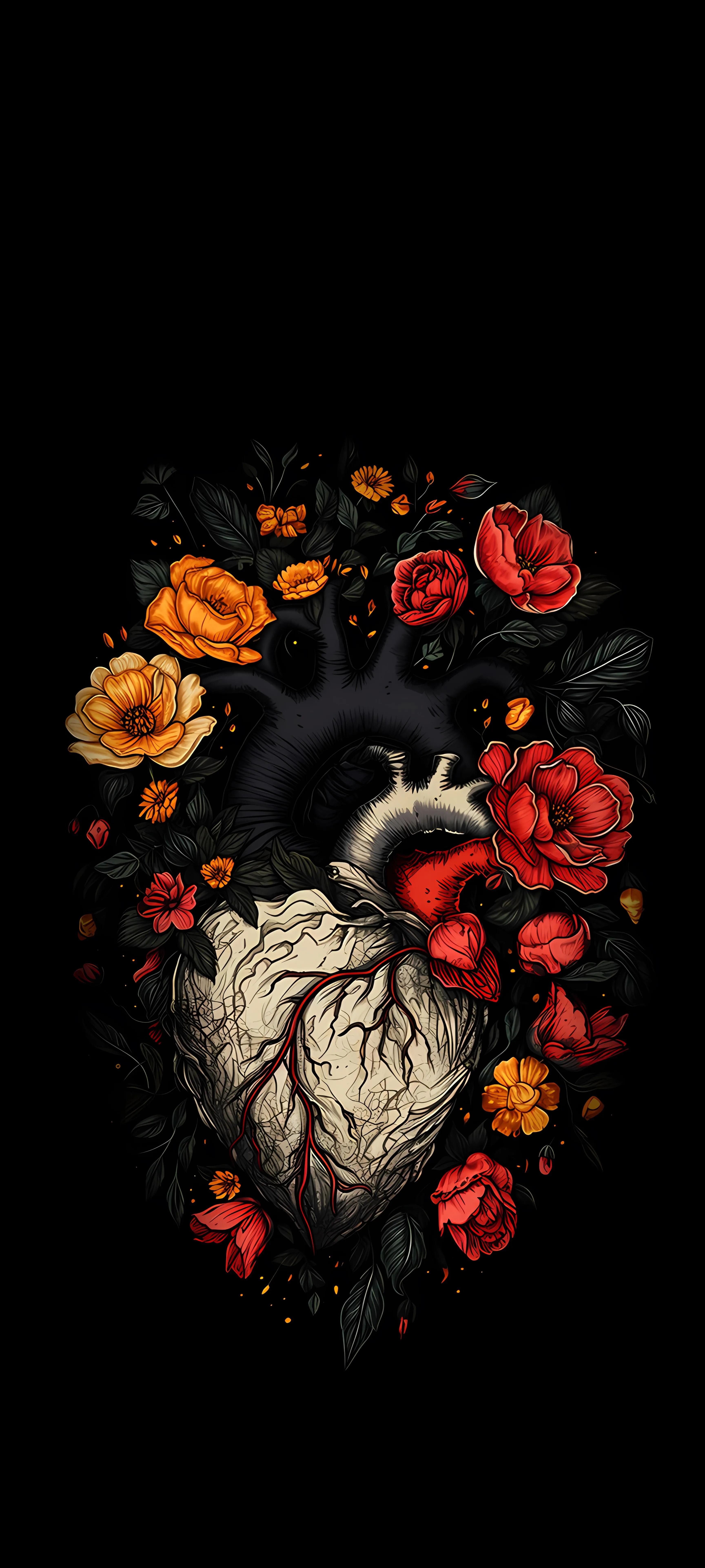 Heart Shape with Red and Orange Flowers on Black Background