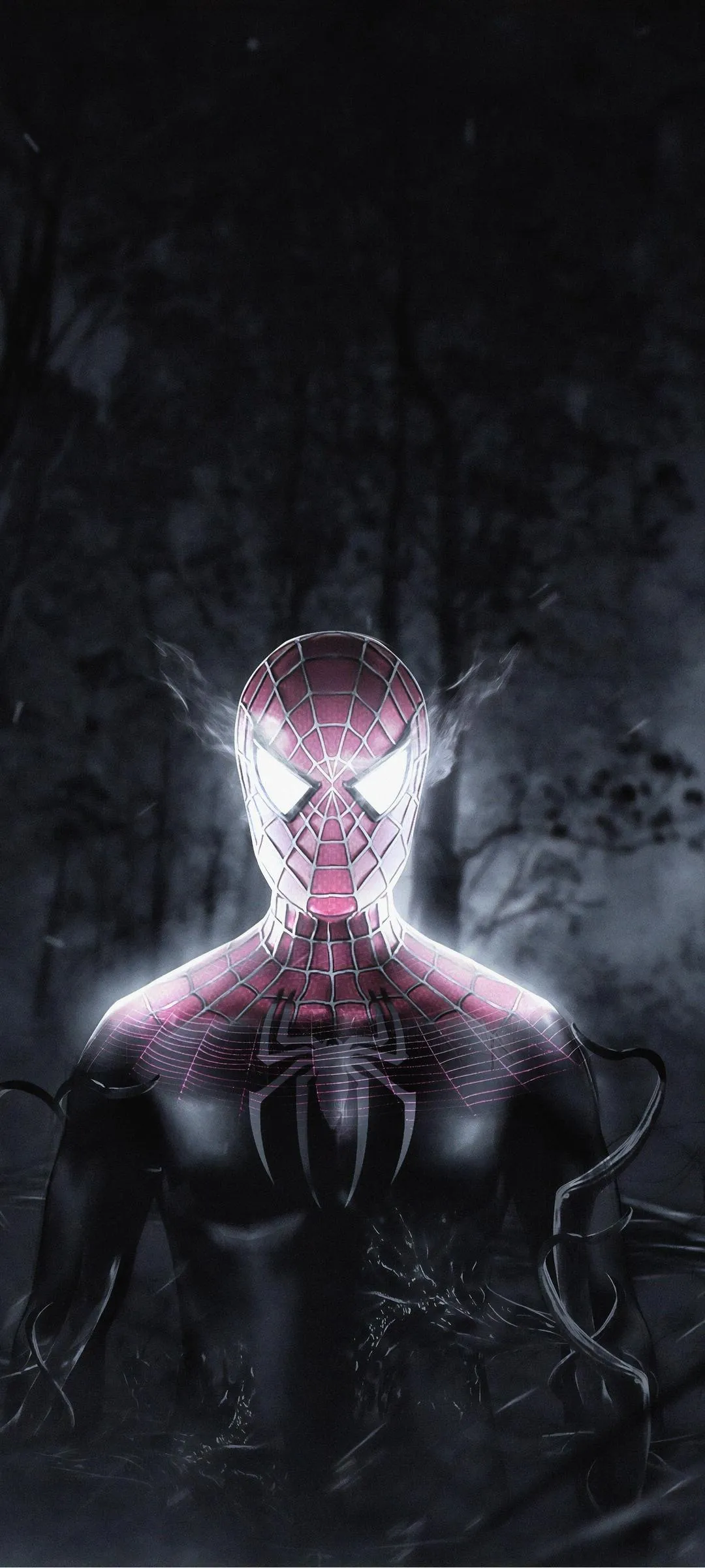 Heroic Figure Emerging From Darkness In A Web Pattern Suit