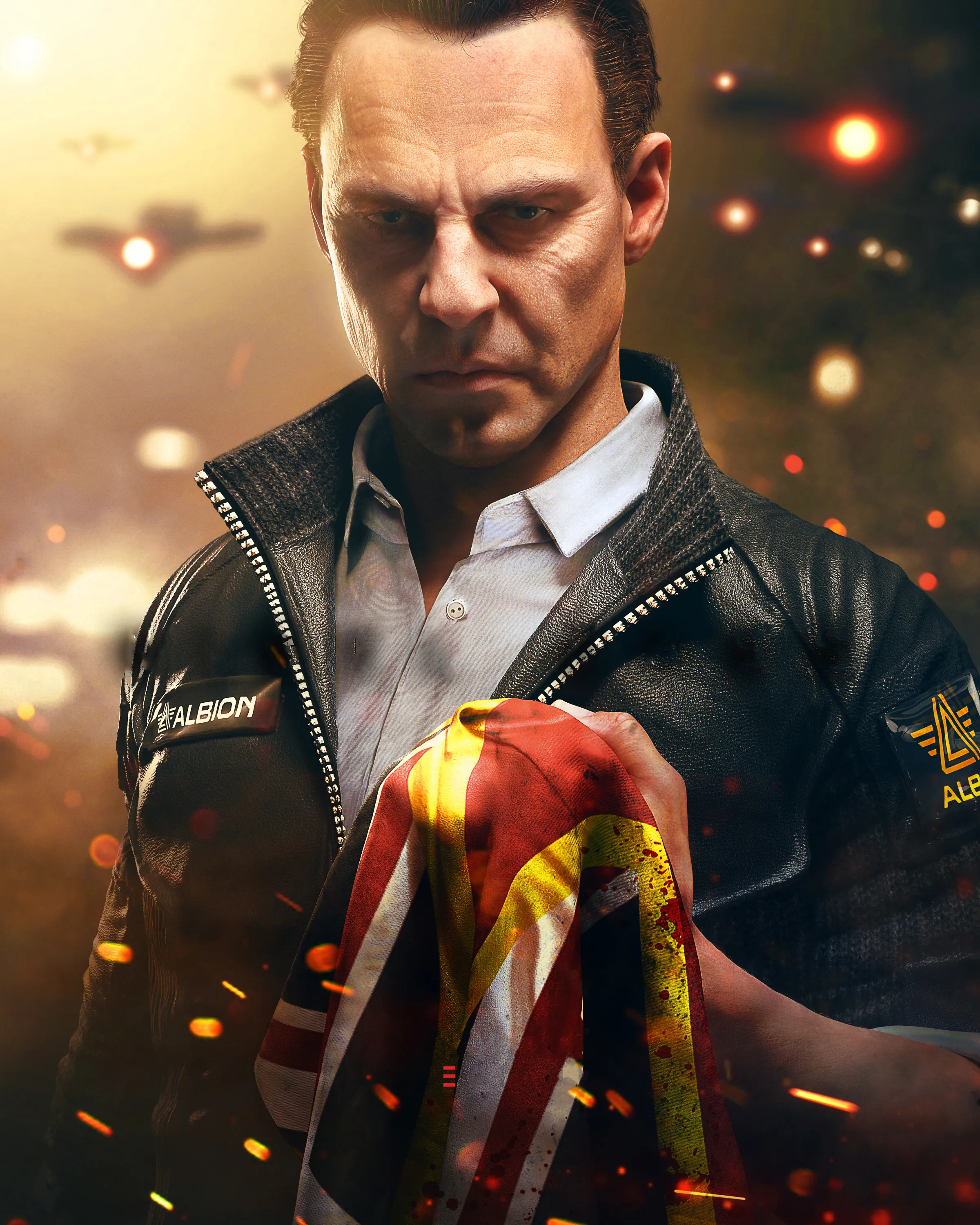 Heroic Man Holding Flag in Dramatic Lighting Scene Wallpaper