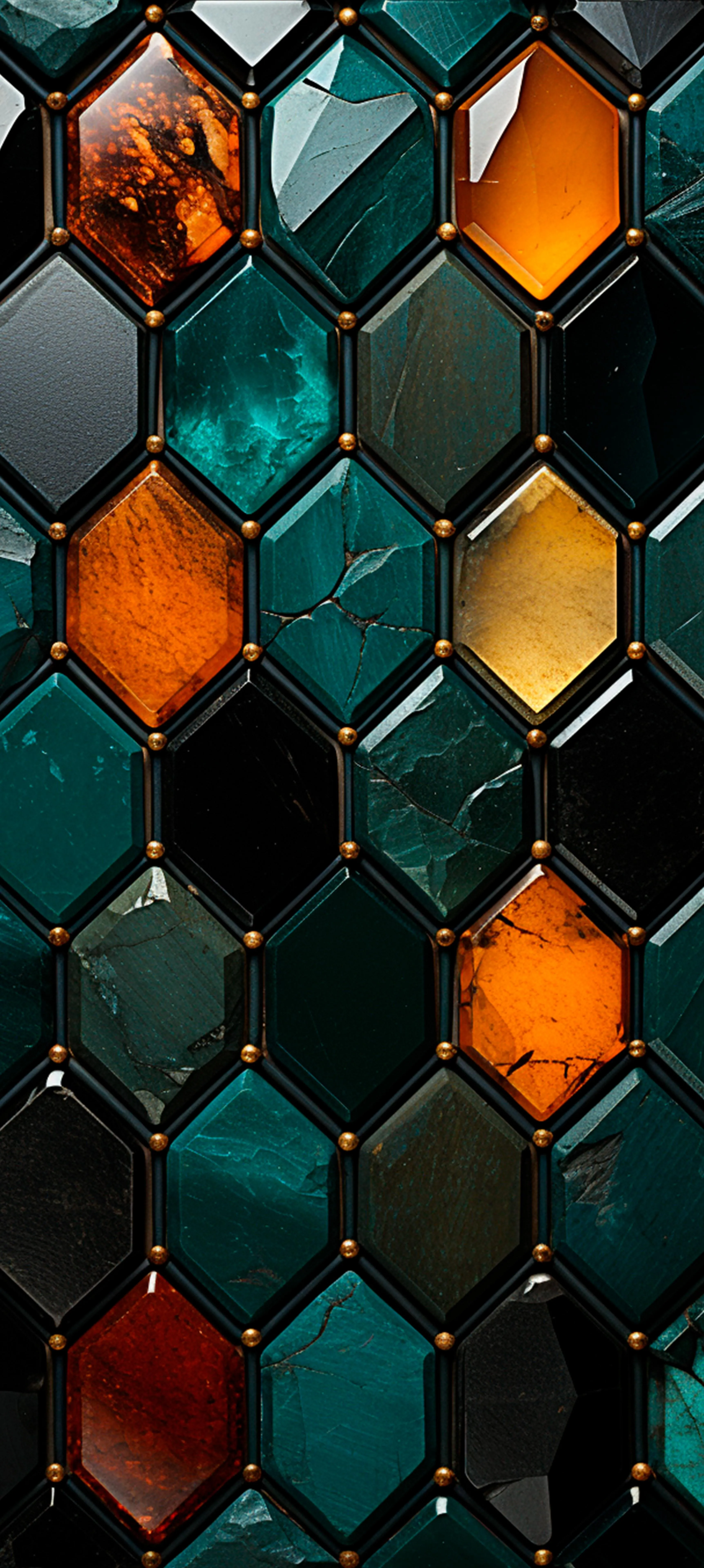 Hexagonal Tiles with Blue Orange and Black Color Pattern