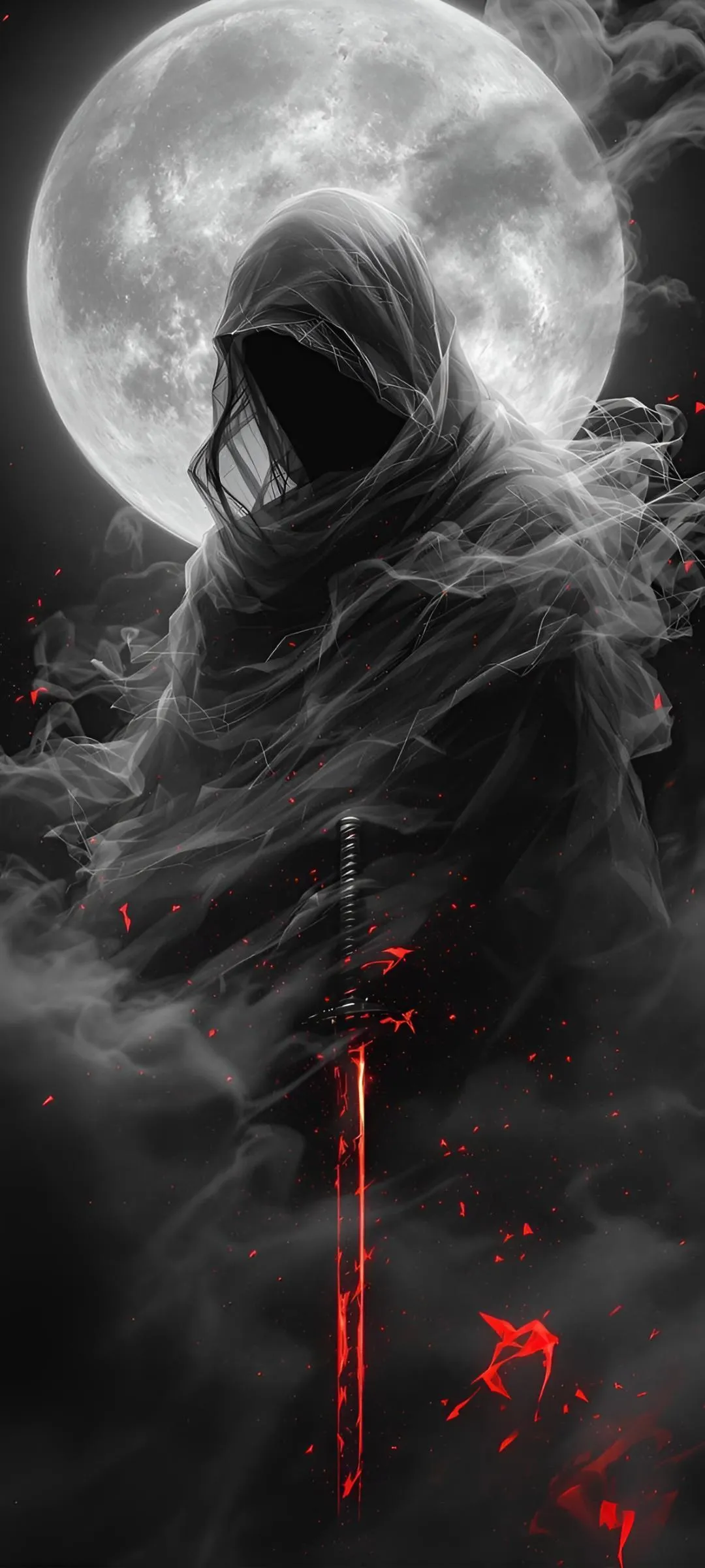 Hooded Dark Figure Standing under Full Moon Art Wallpaper