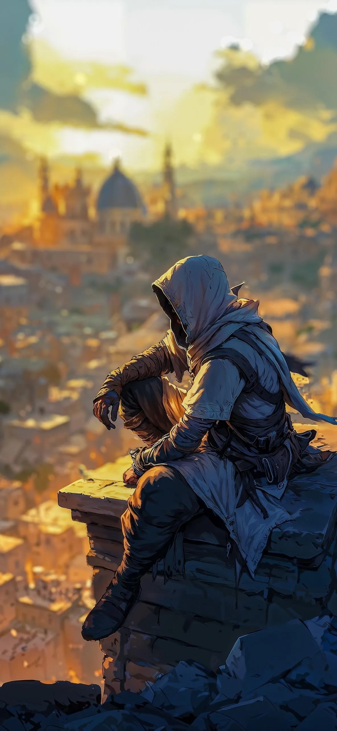 Hooded figure overlooks cityscape at golden hour sky