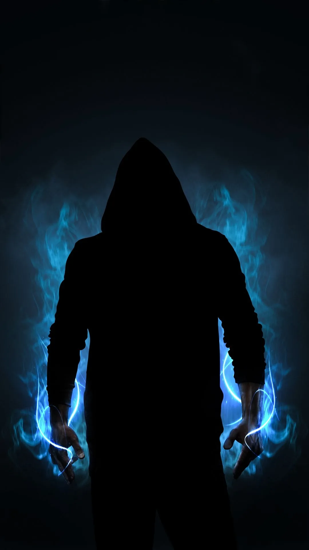 Hooded Figure Standing in Blue Mist in Dark Hallway