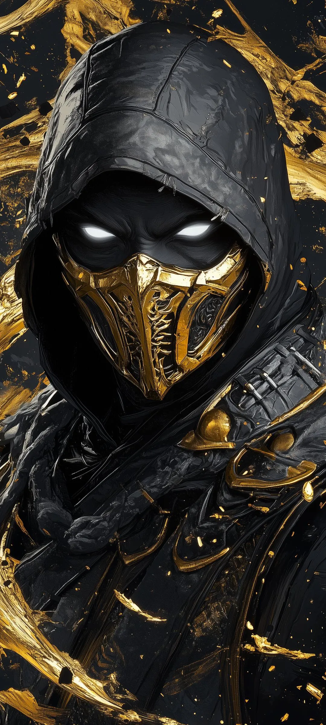 Hooded Figure Wearing Mask with Golden Details in Dark Scene