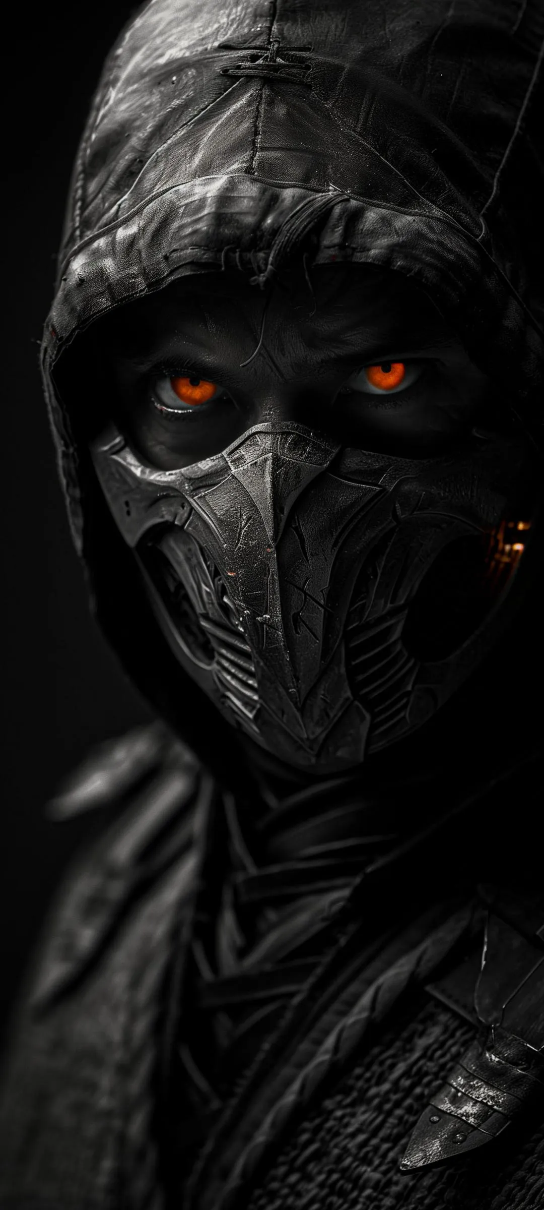 Hooded Figure with Red Eyes in Shadow Intense Theme