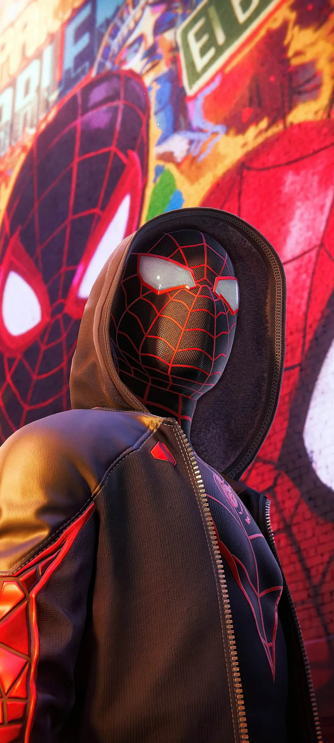 Hooded Spider Man in City with Bright Wall Wallpaper