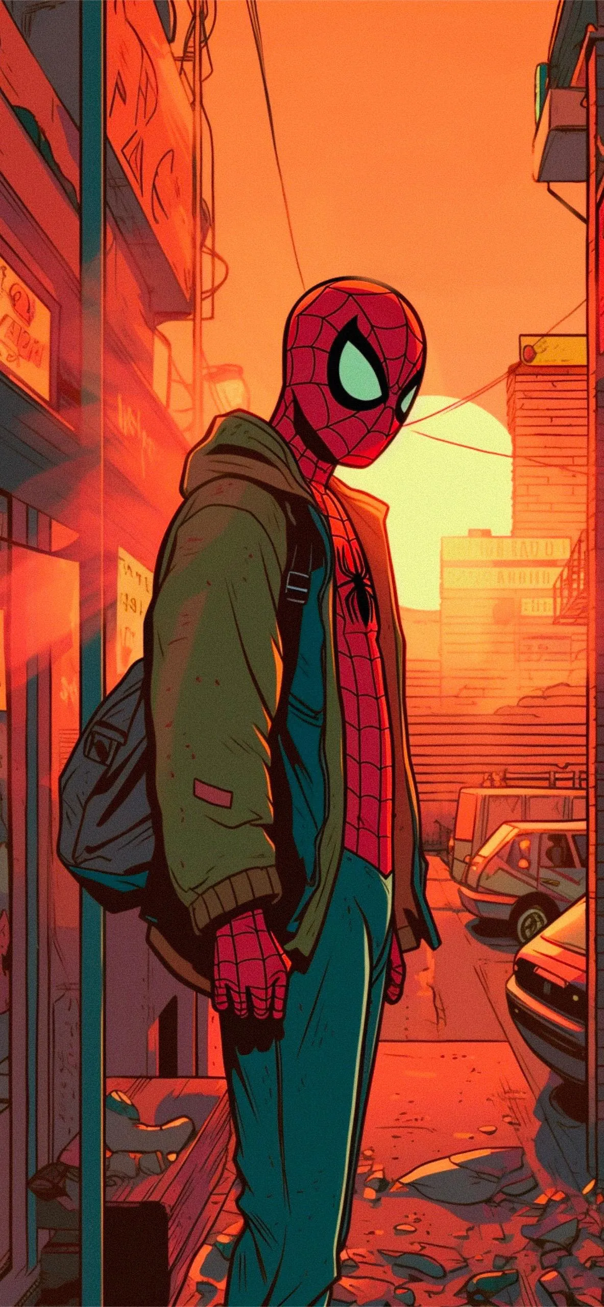 Hooded Spiderman in Urban Street with Sunset Glow Image