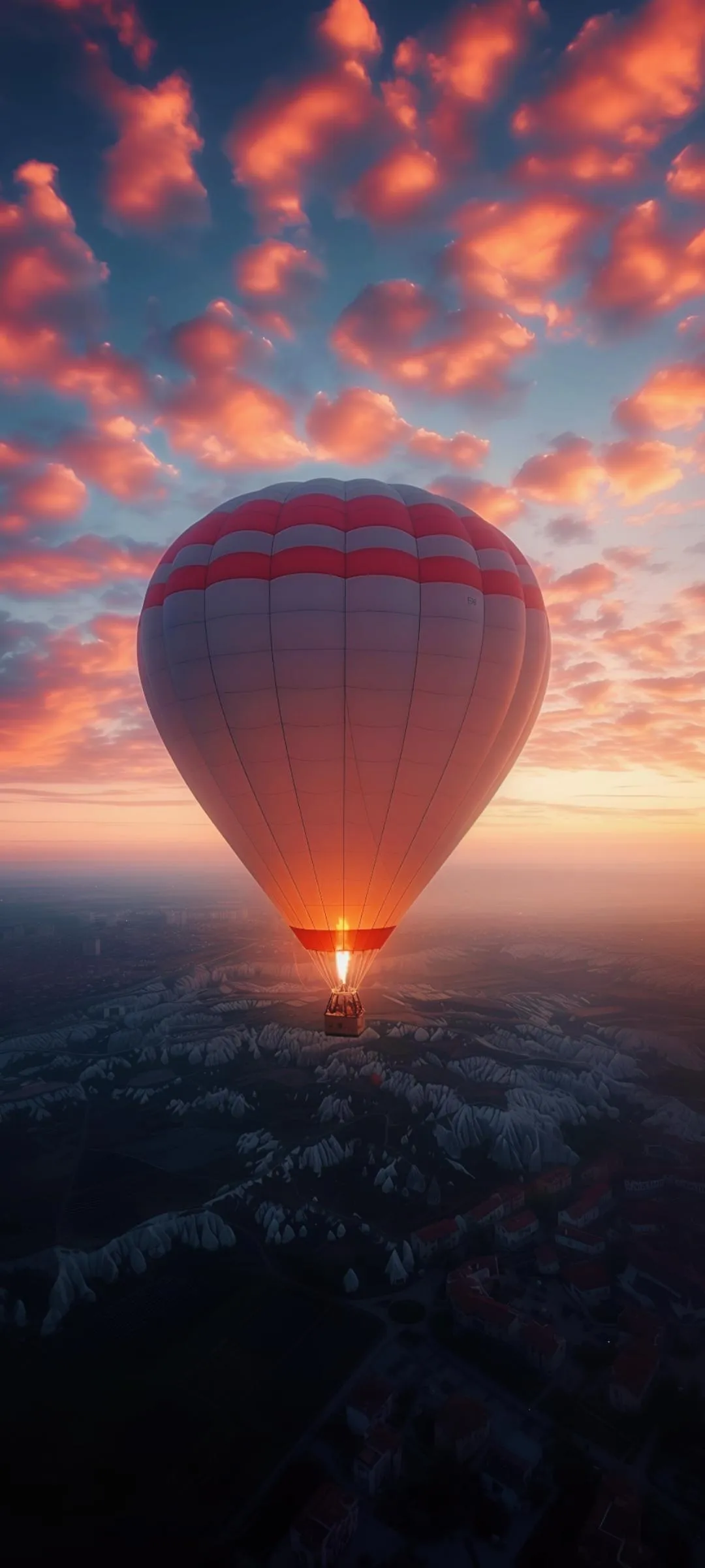 Hot Air Balloon Floating Over Valley Sunrise Scene