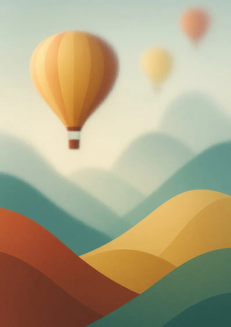 Hot Air Balloon Rising Above Warm Rolling Hills Wallpaper