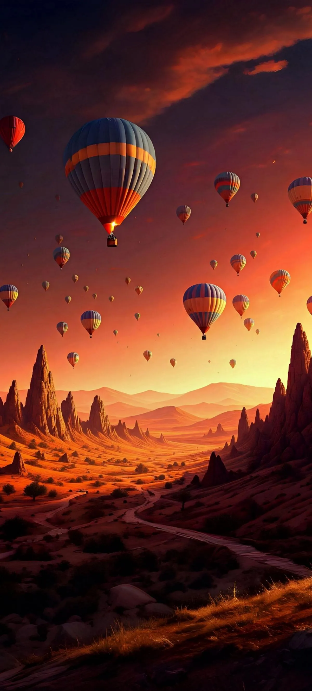 Hot Air Balloons Floating Over Mountains at Sunset