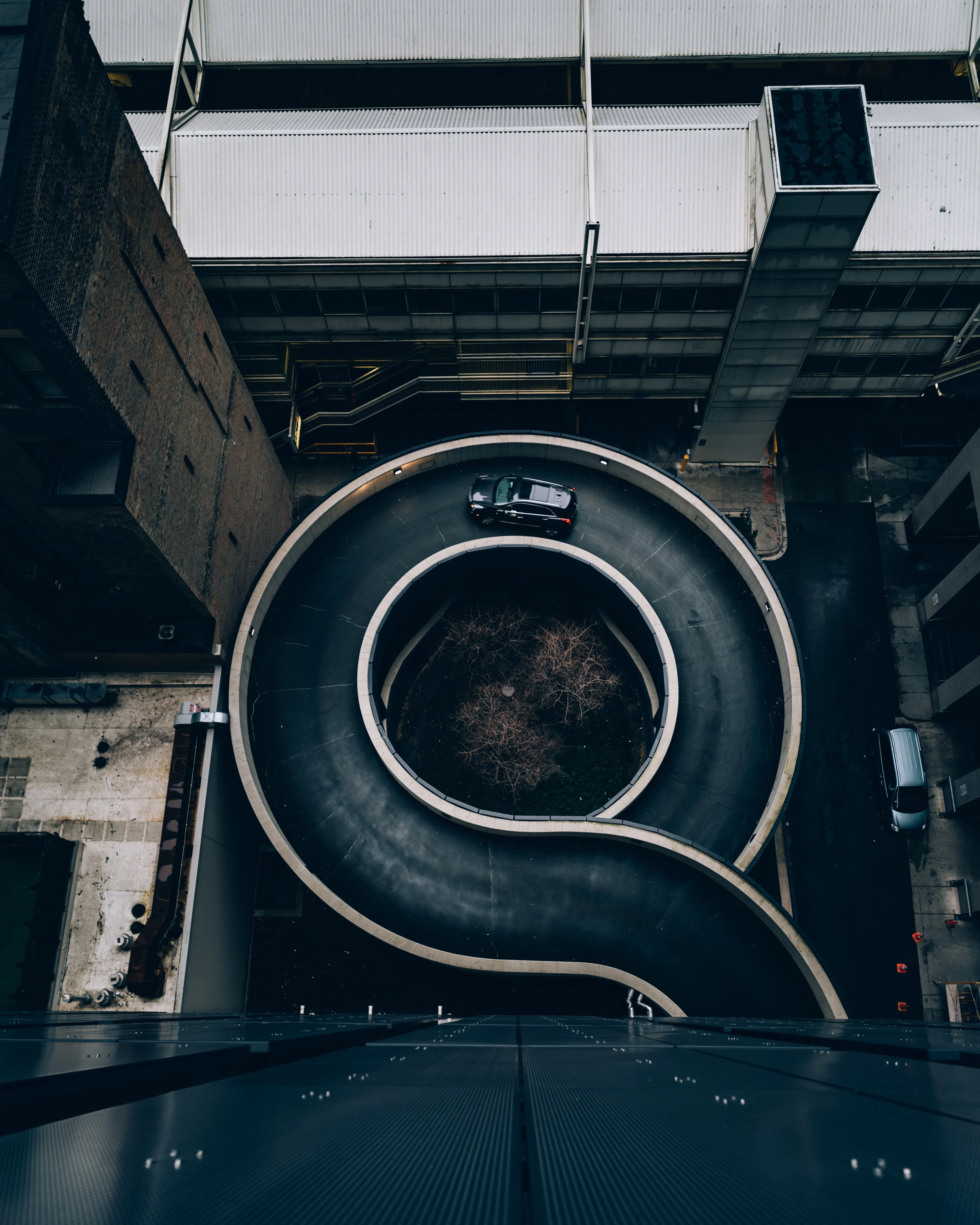 Industrial Spiral Staircase in Urban Building Interior View