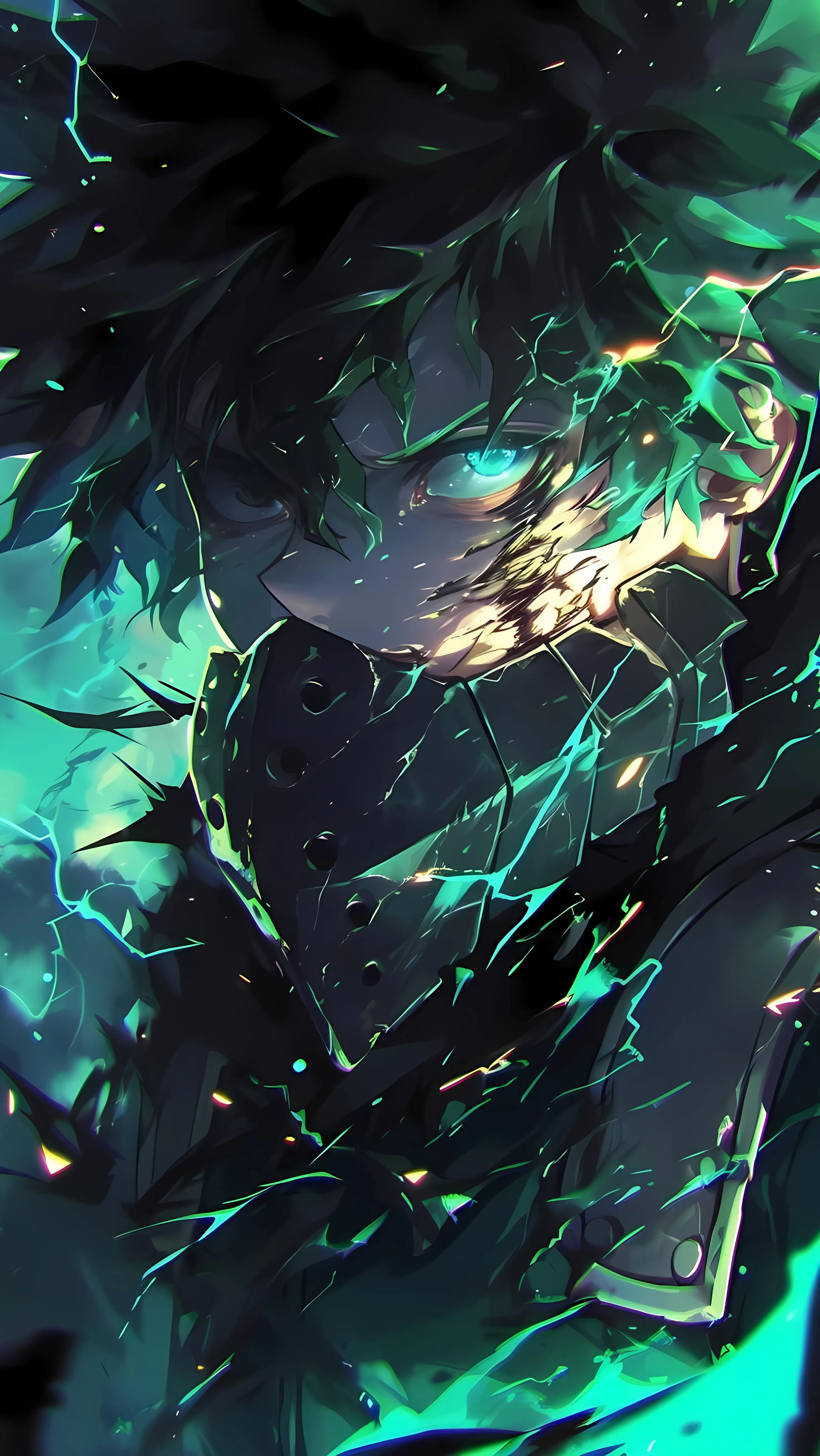 Intense Anime Hero Glowing with Unleashed Stormlike Power