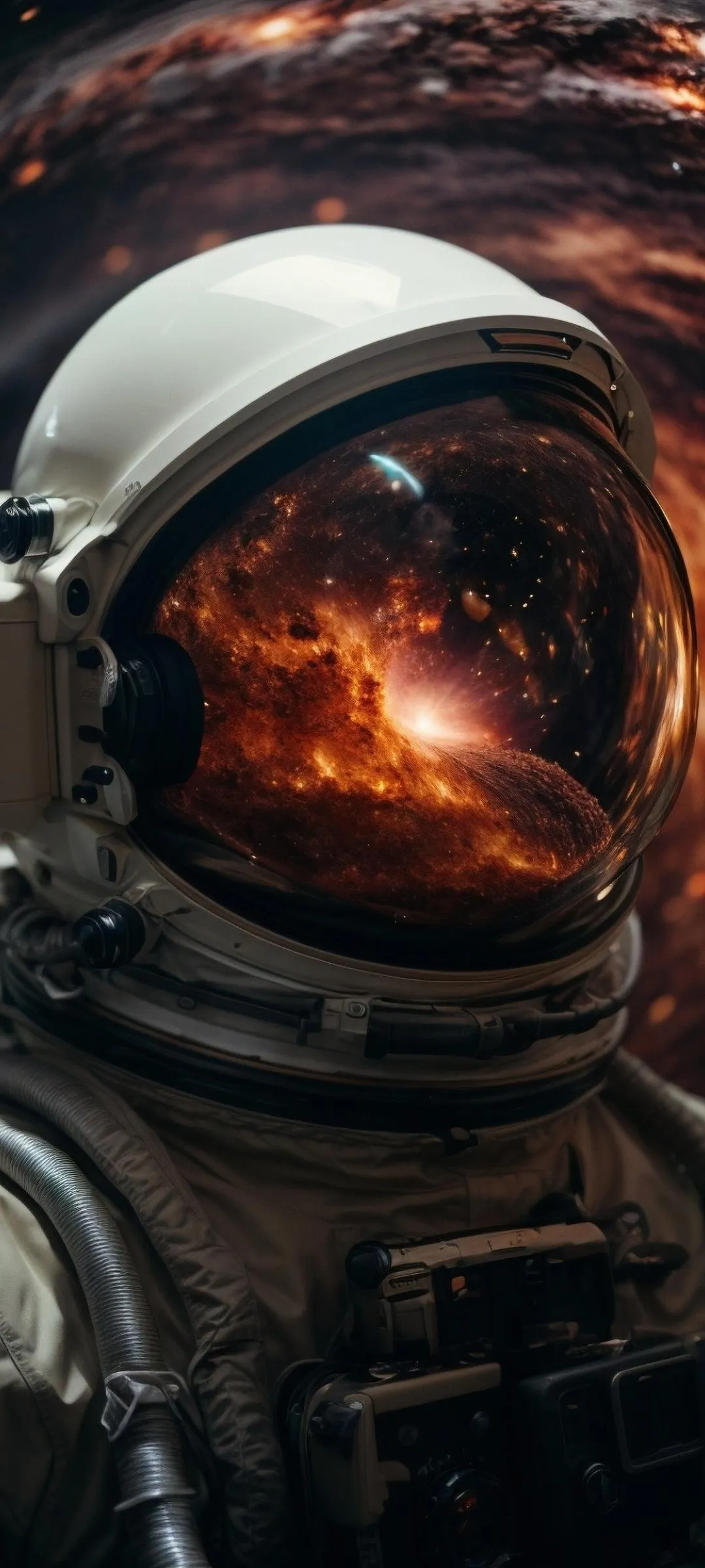 Intense Space Astronaut Surrounded by Fire and Stars