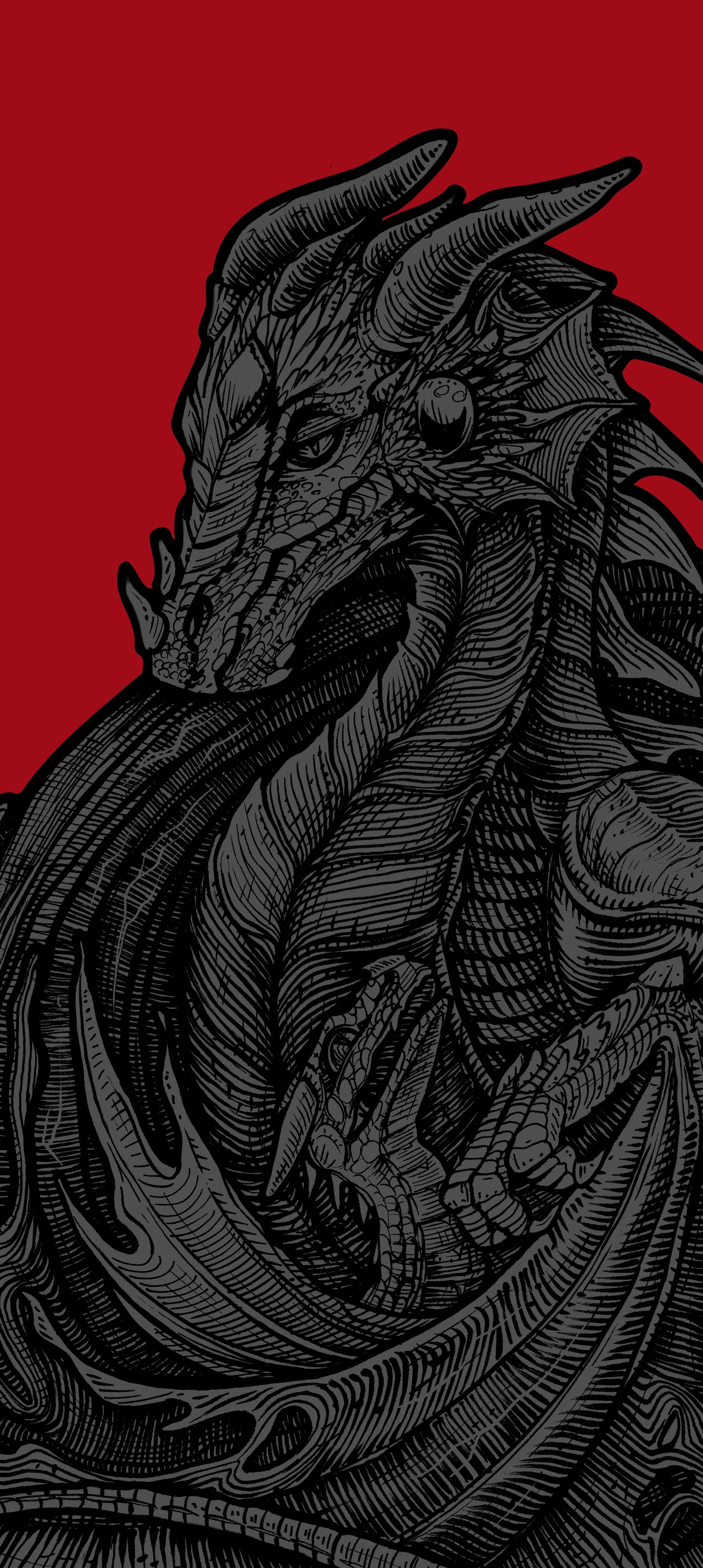 Intricate Black Dragon Drawing on Red Background Wallpaper