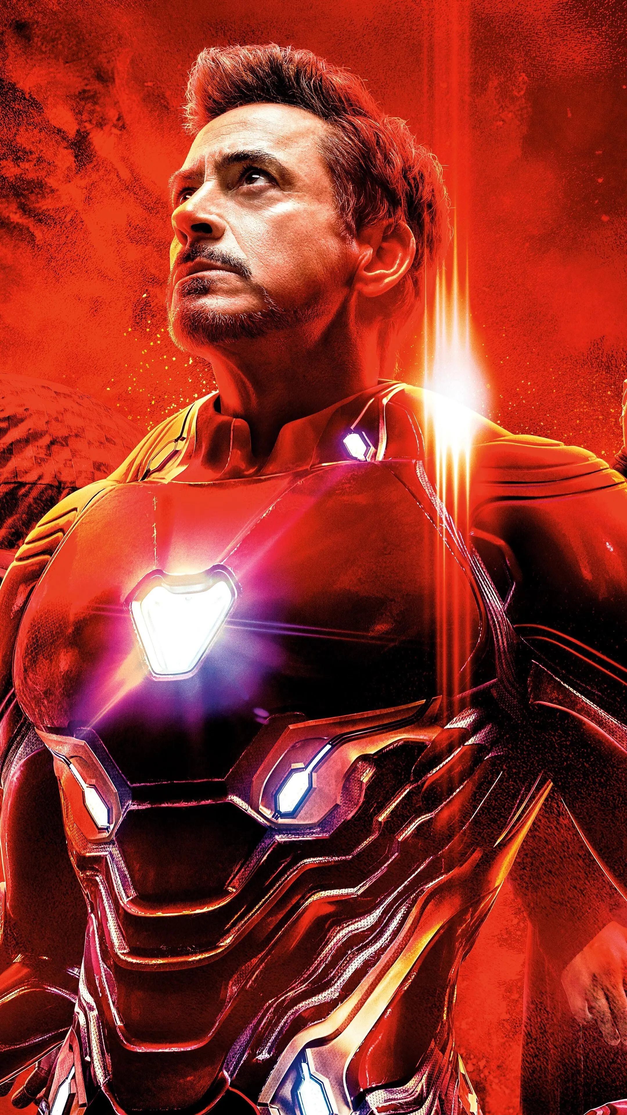 Iron Man in Glowing Suit Portrait with Fiery Background