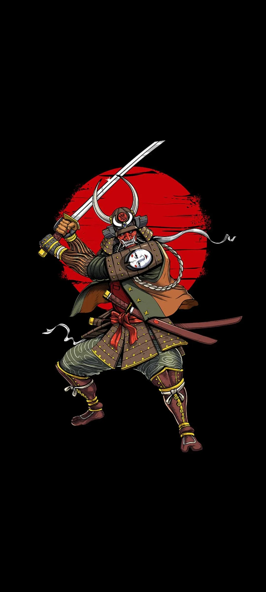 Japanese Samurai in Red Sun Background Illustration