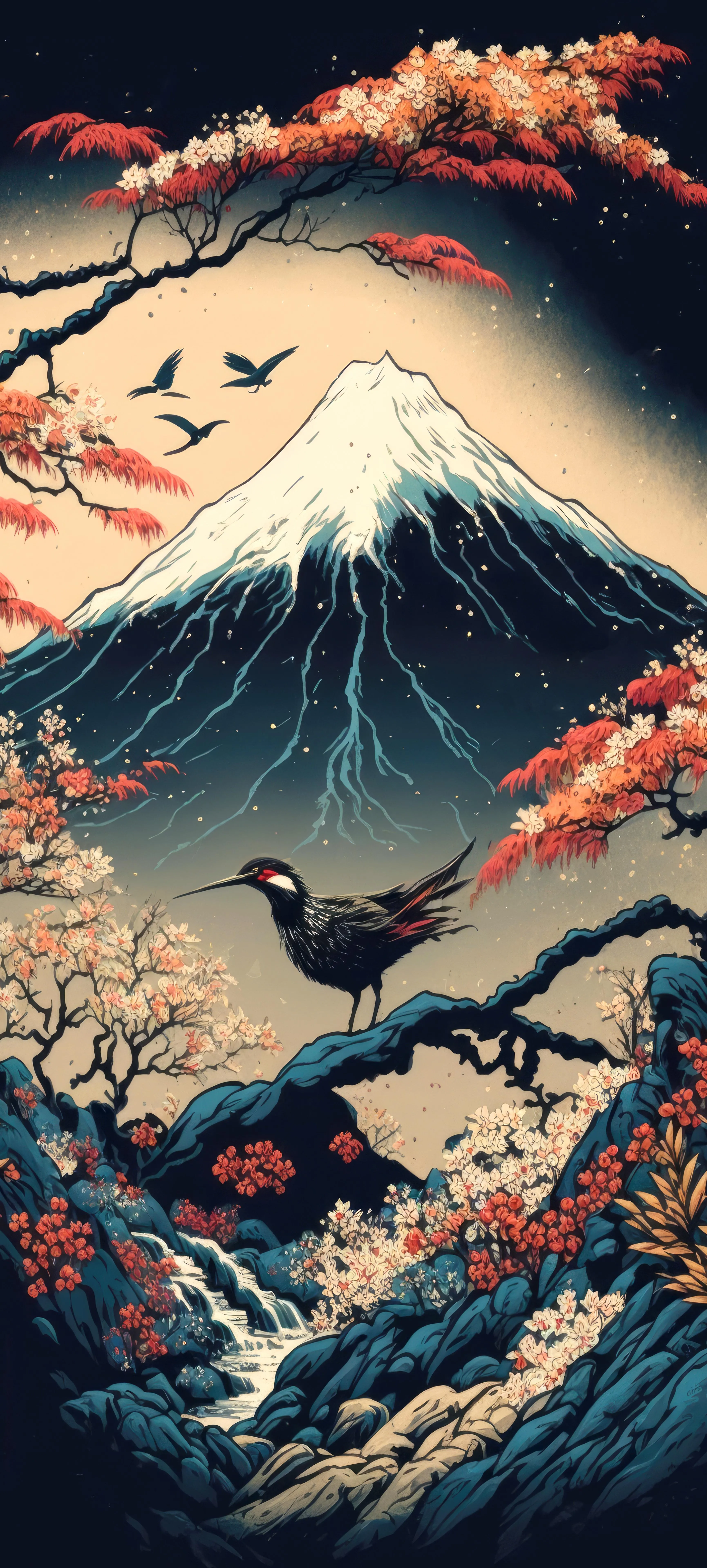Japanese Style Artwork of Mount Fuji and Bird Wallpaper