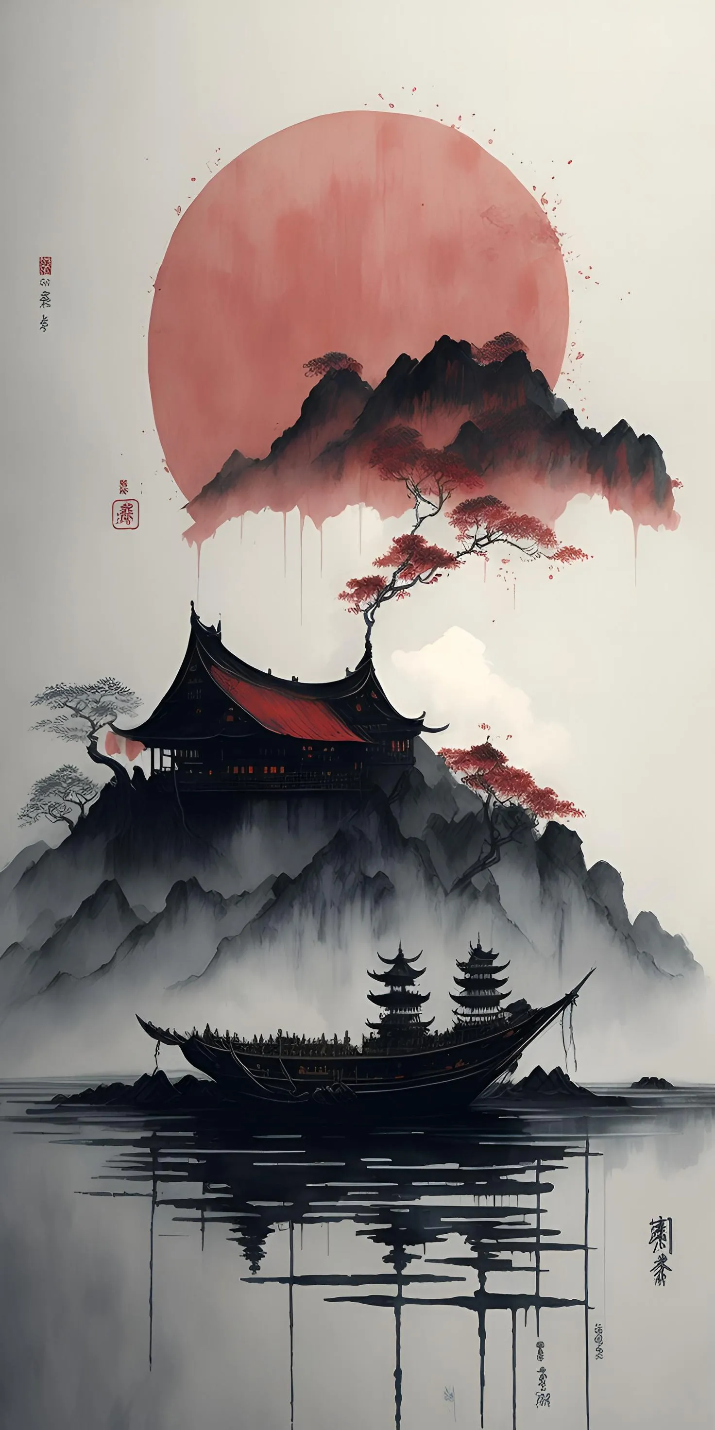 Japanese Temple Rising Under Red Sun in Calm Water Landscape