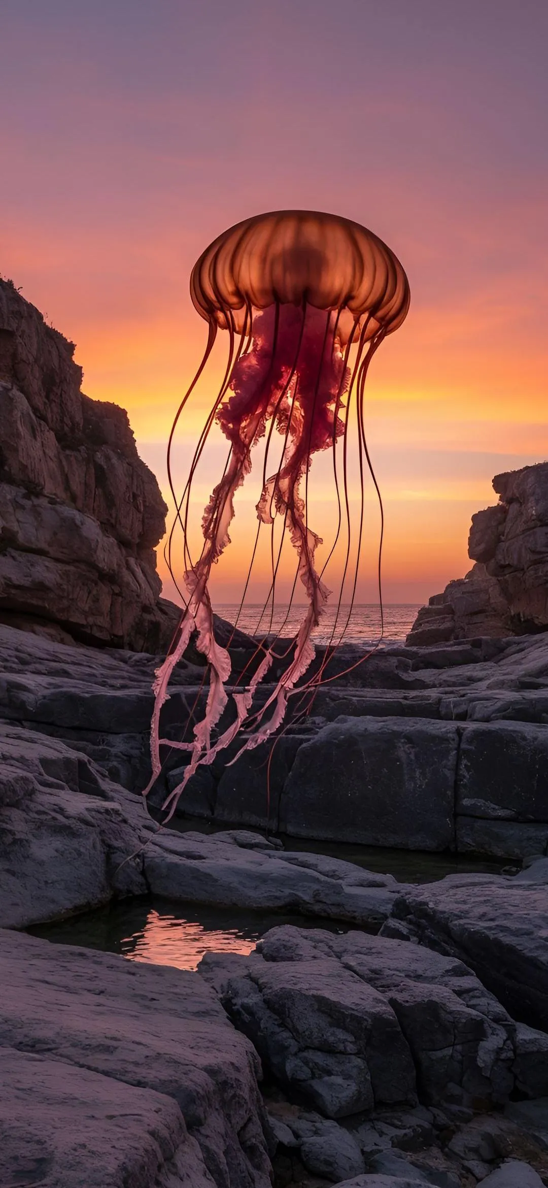 Jellyfish Swimming in Rocky Ocean Sunset View Wallpaper