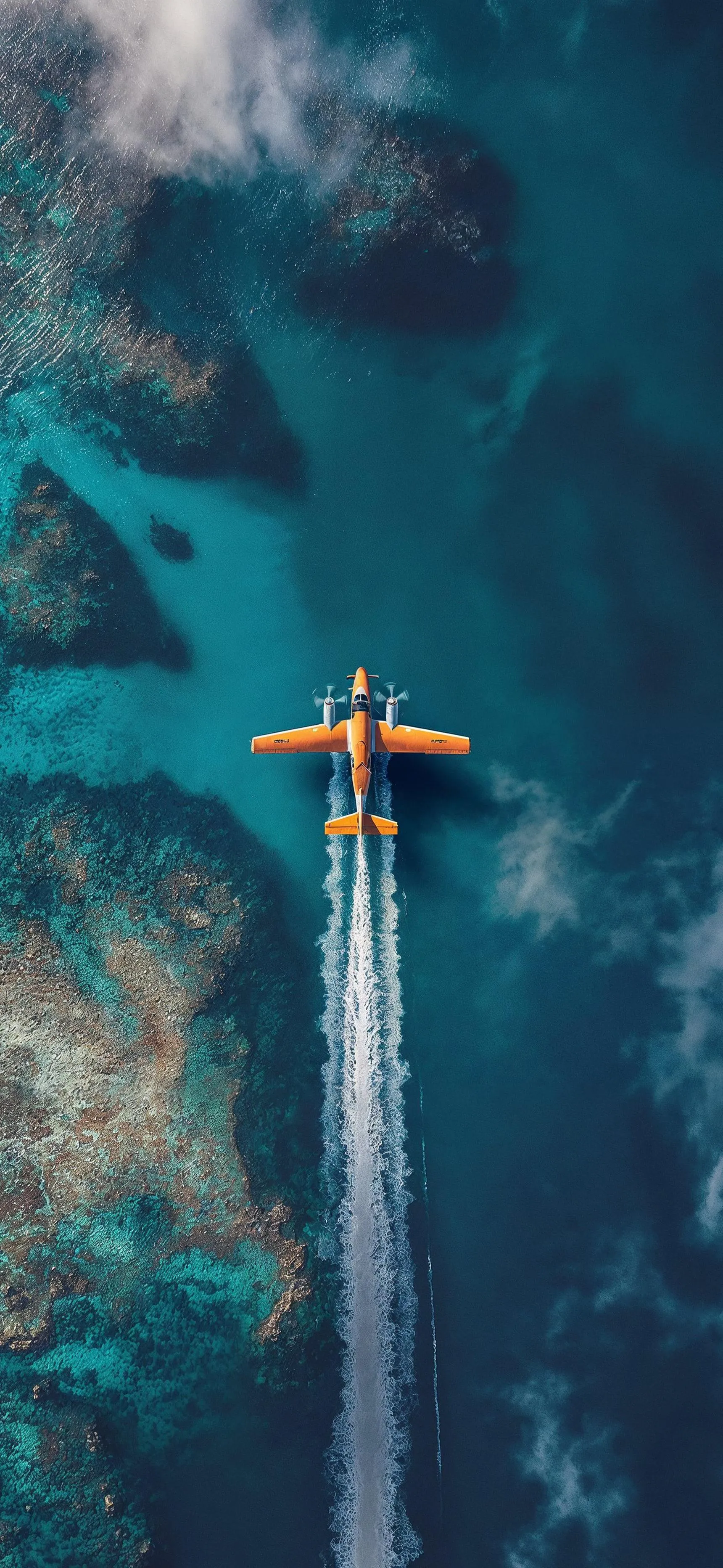 Jetplane Flying Over Turquoise Ocean with Island Below