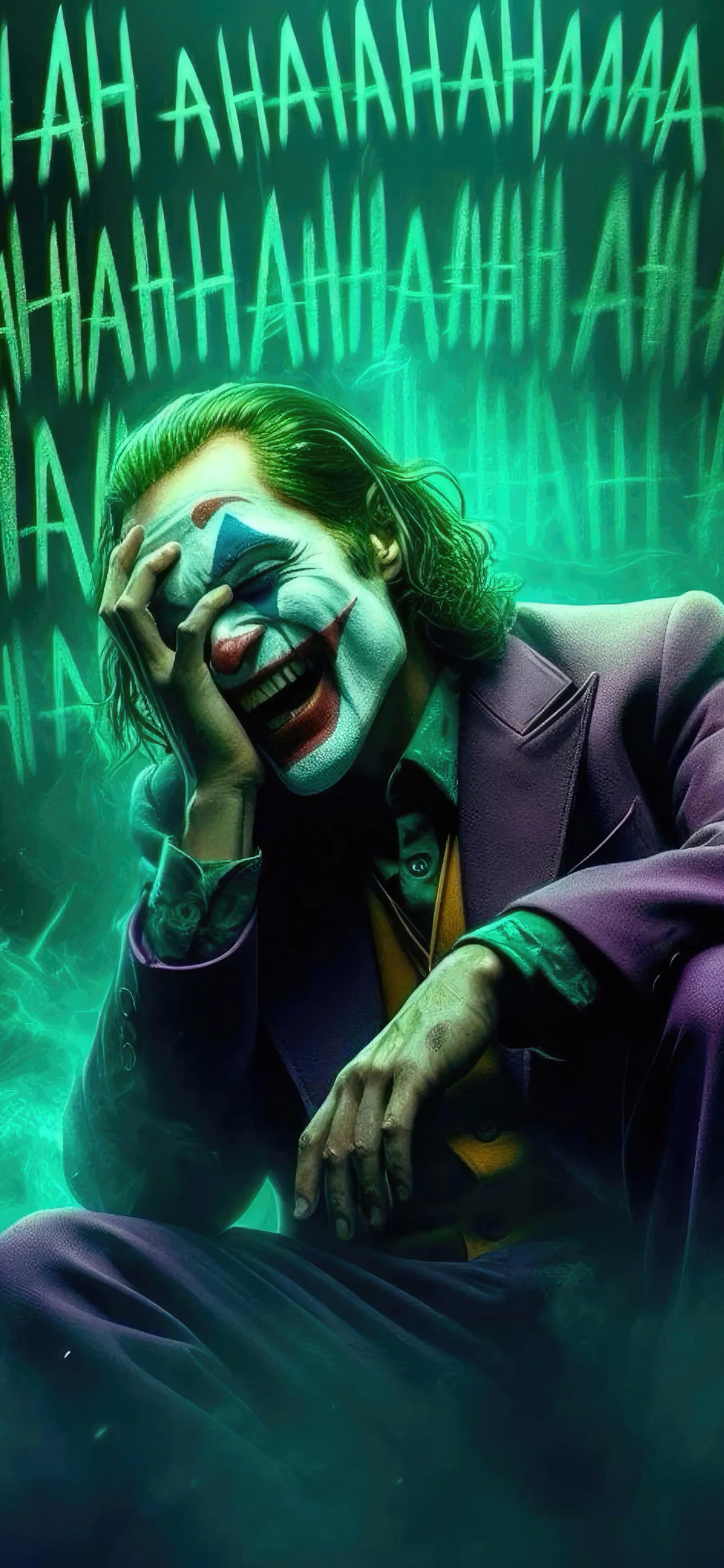 Joker Character Laughing with Green Background and Text