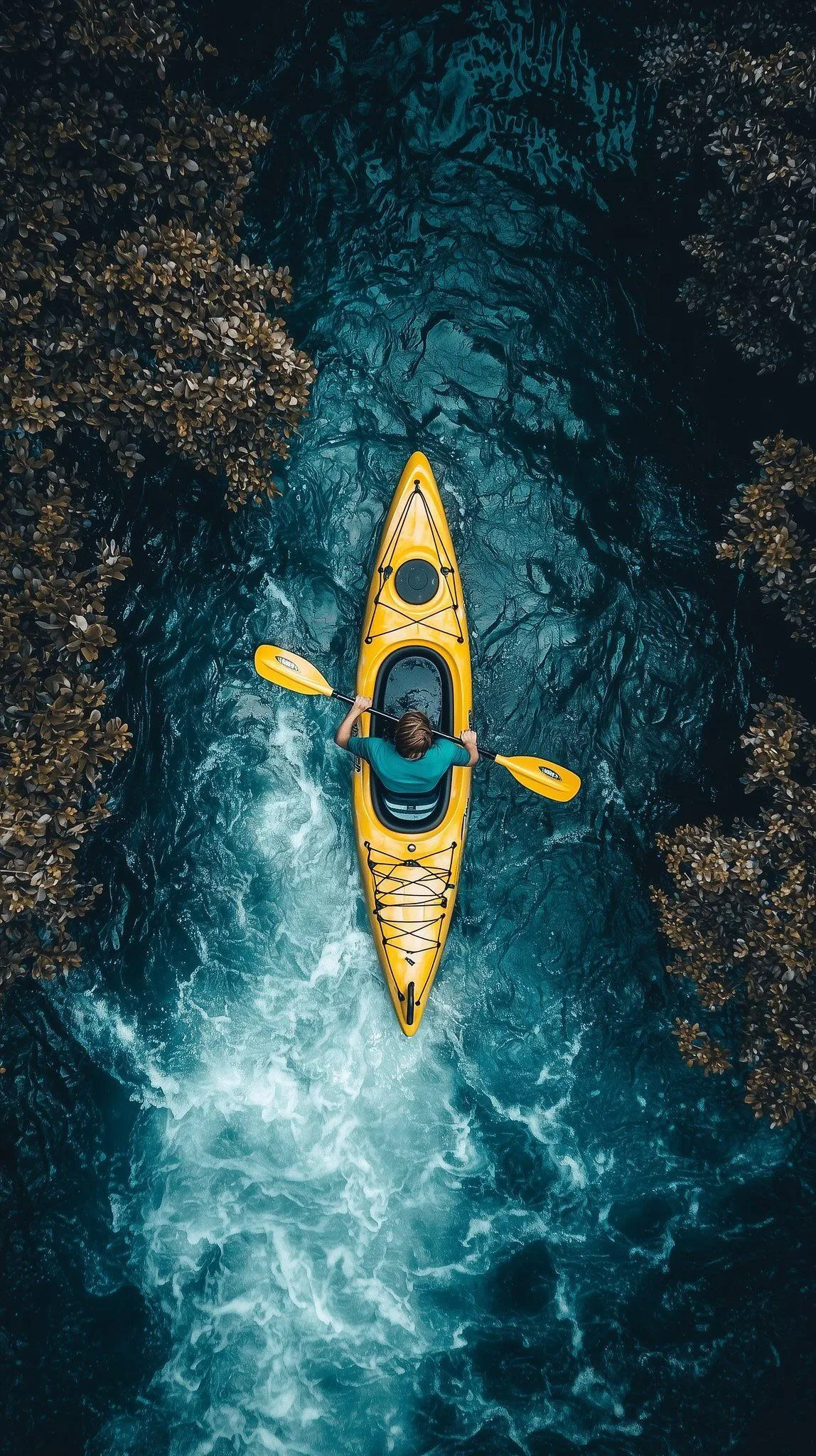 Kayaker Paddling in Deep Blue Ocean with Waves Image