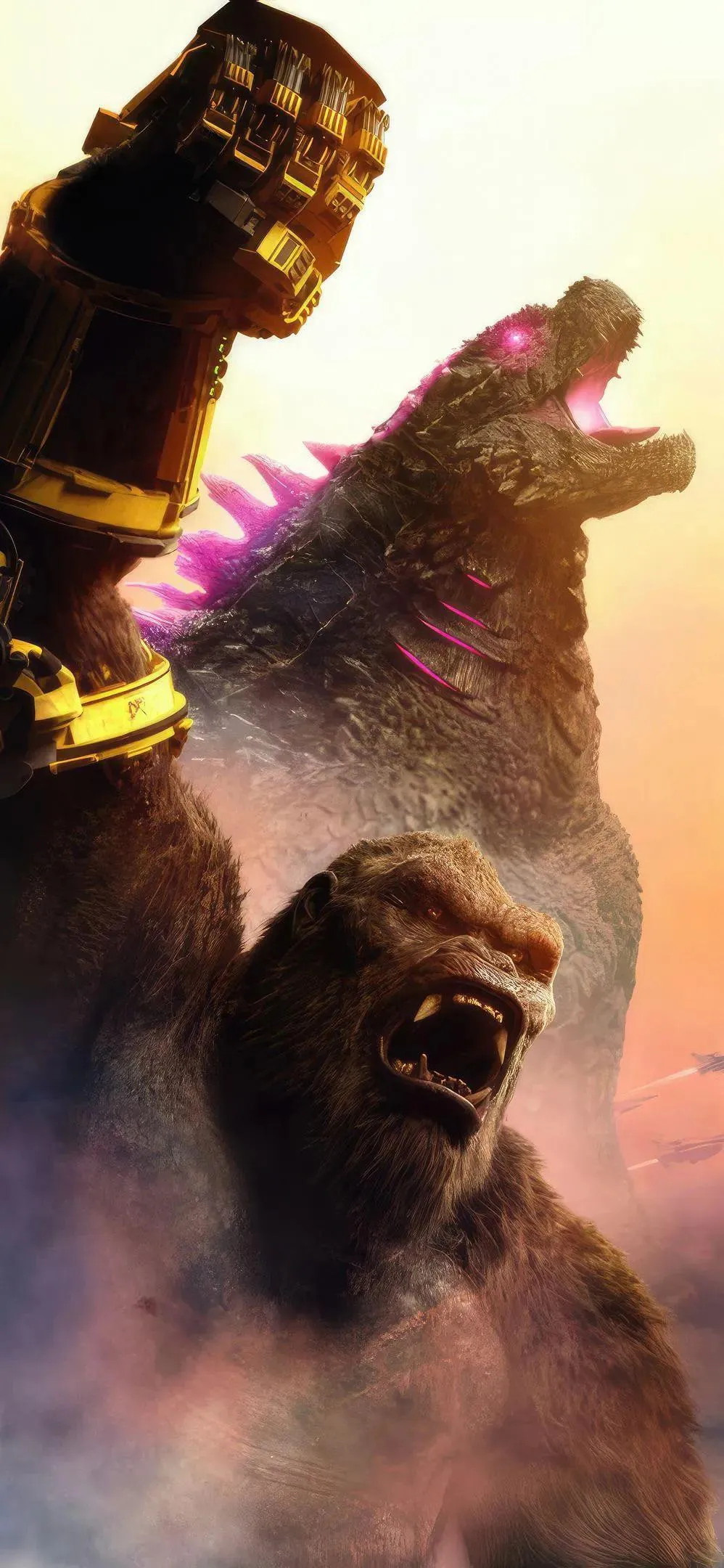 Kong and Godzilla Roar with Power at Fiery Sunset Sky