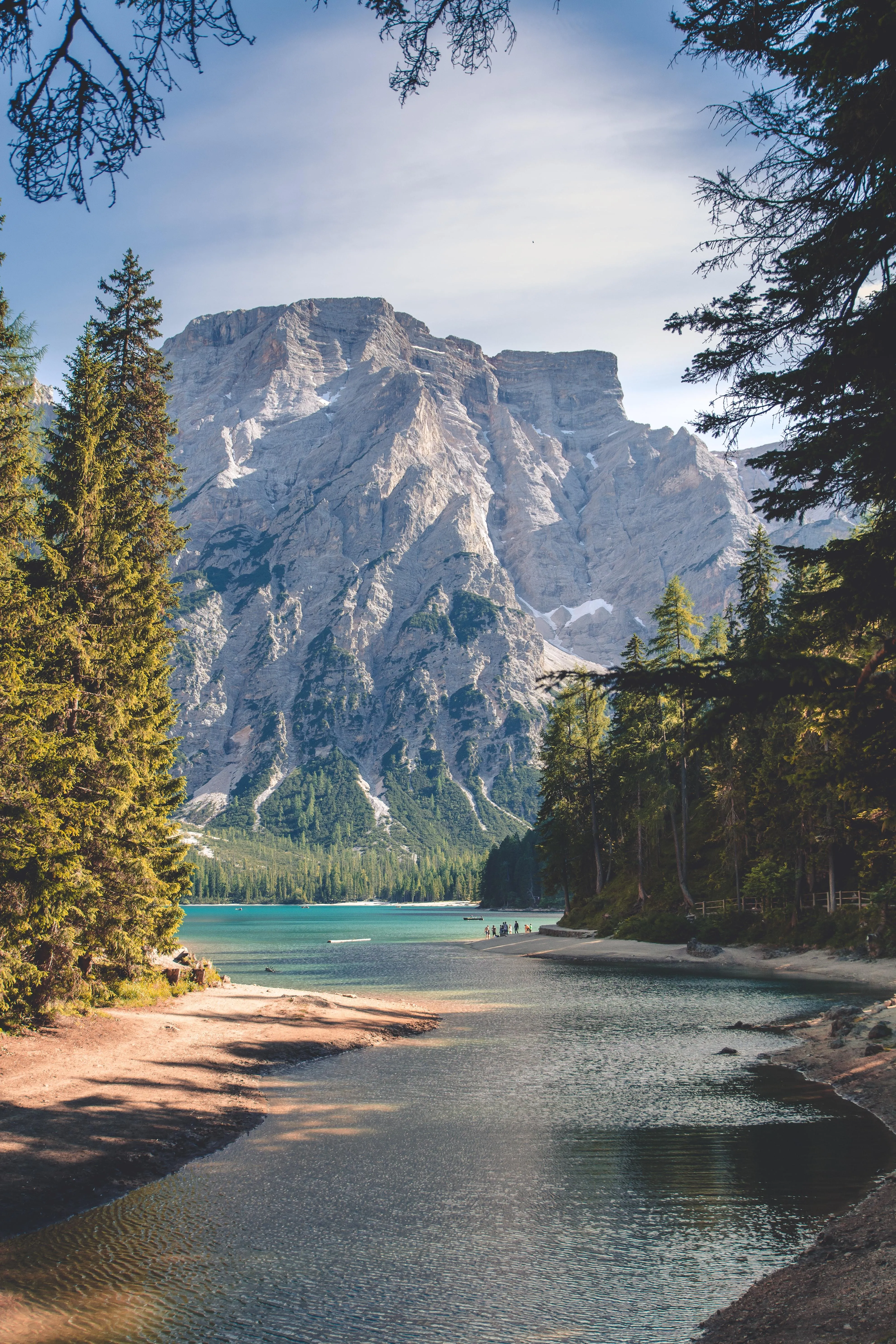 Lake and Mountains with Clear Reflections and Pine Trees