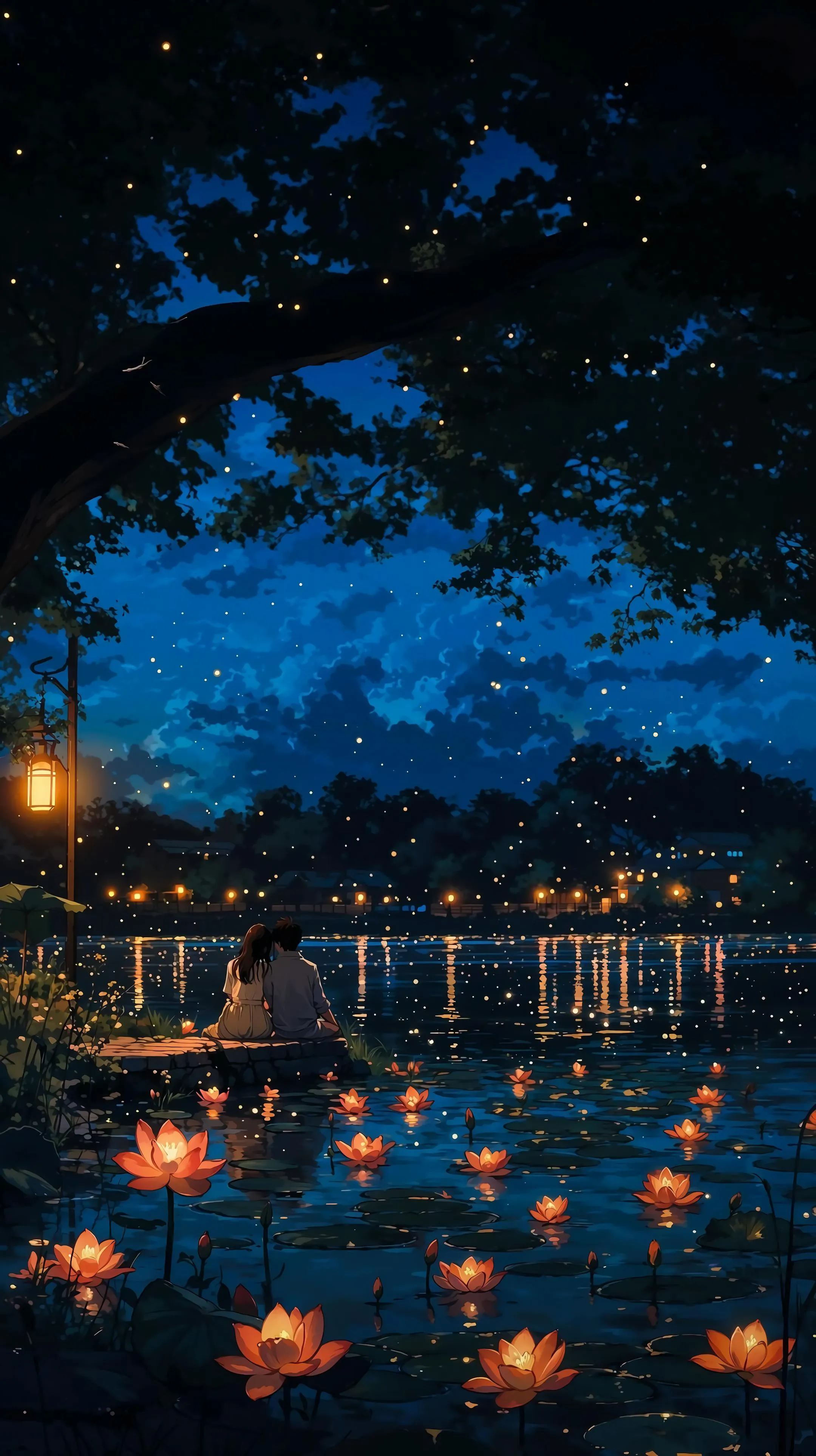 Lakeside Lanterns Glowing in The Calm of Evening Time