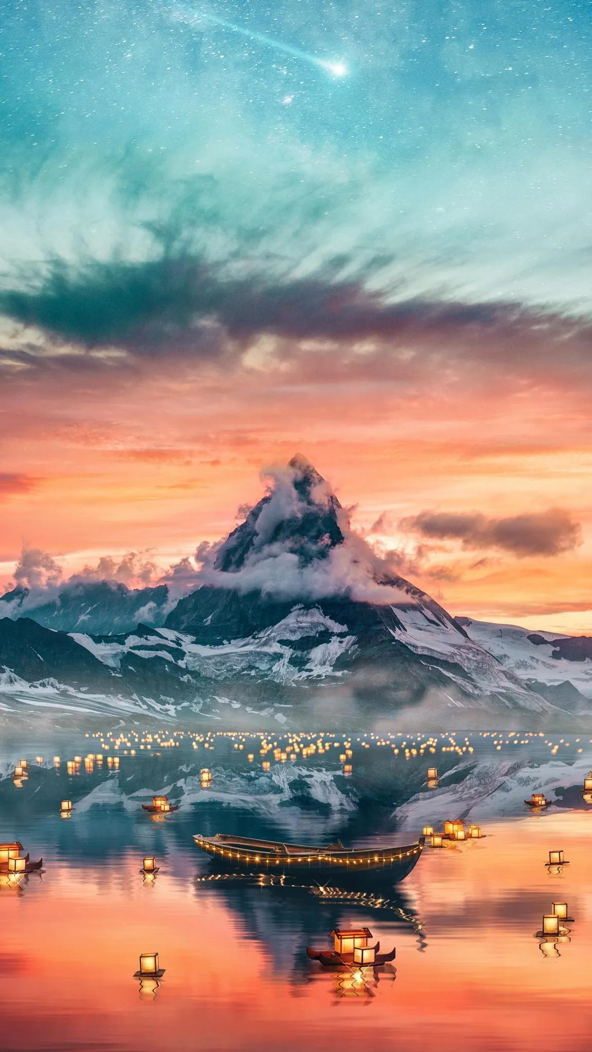 Lantern Boat Drifting on Serene Waters Under Cosmic Sky